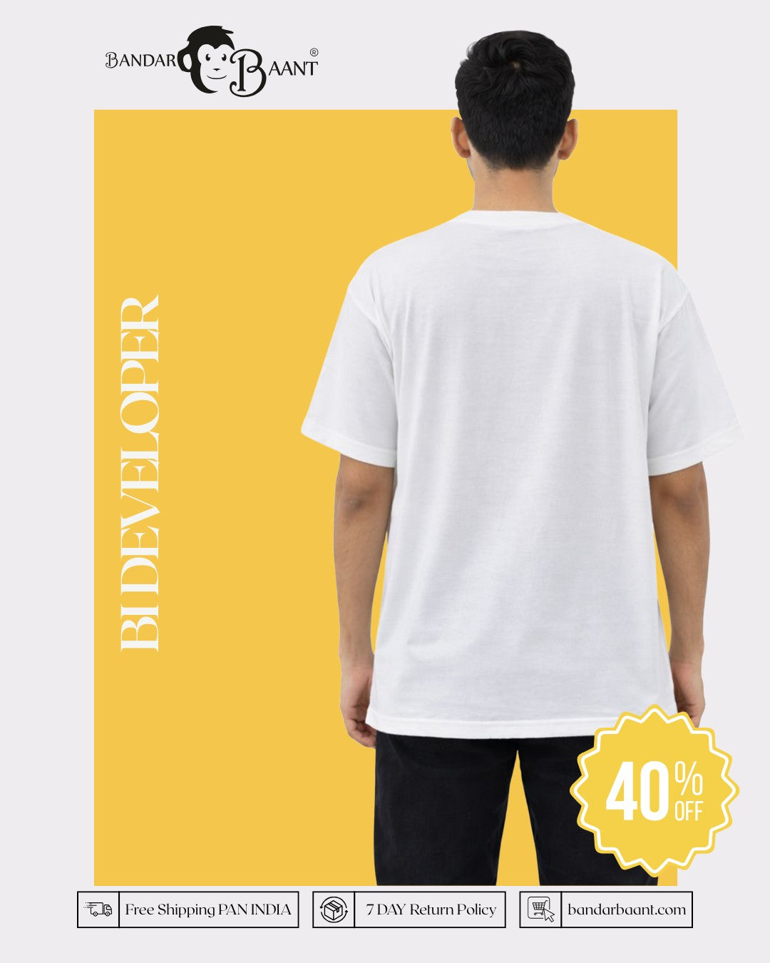 Back view of oversized fit BI Developer T-Shirt For Men in white from Bandar Baant Collections