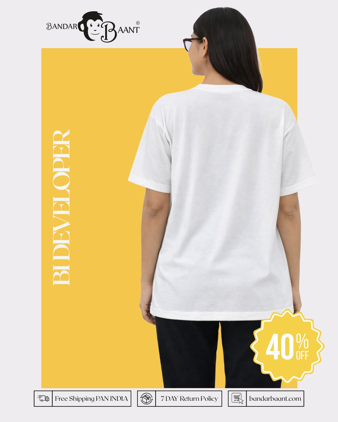 Back view of oversized fit BI Developer T-Shirt For Women in white from Bandar Baant Collections