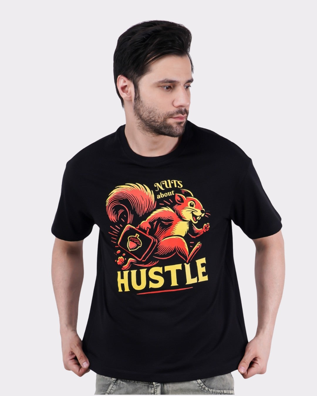 Animal Printed Oversized T-Shirt for Men by Bandar Baant Collections featuring a colorful squirrel graphic with hustle text