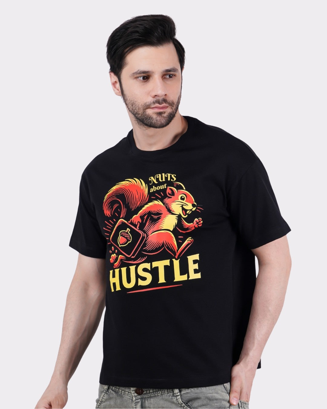 Animal Printed Oversized T-Shirt for Men in black with colorful squirrel graphic and hustle text