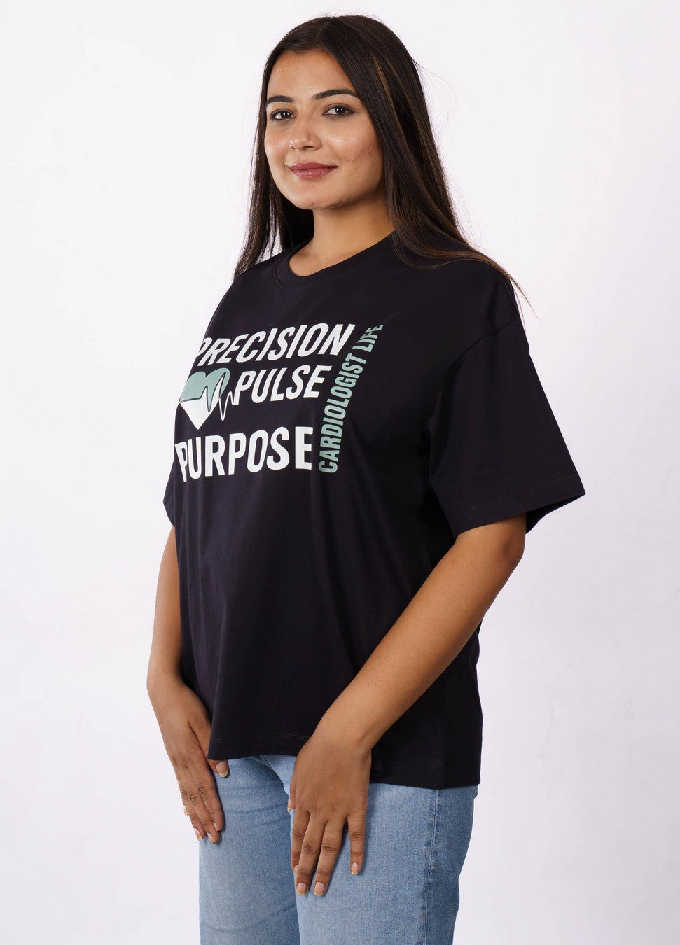 Bandar Baant Collections oversized fit Cardiologist Printed Tshirt For Women in black with graphic design