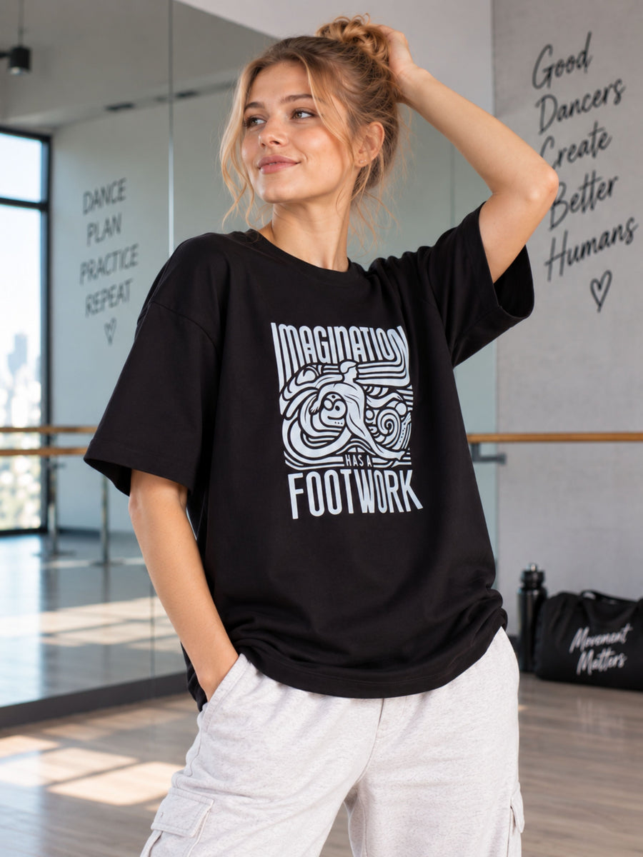 Black oversized fit Choreographer Tshirt For Women with imagination footwork graphic print