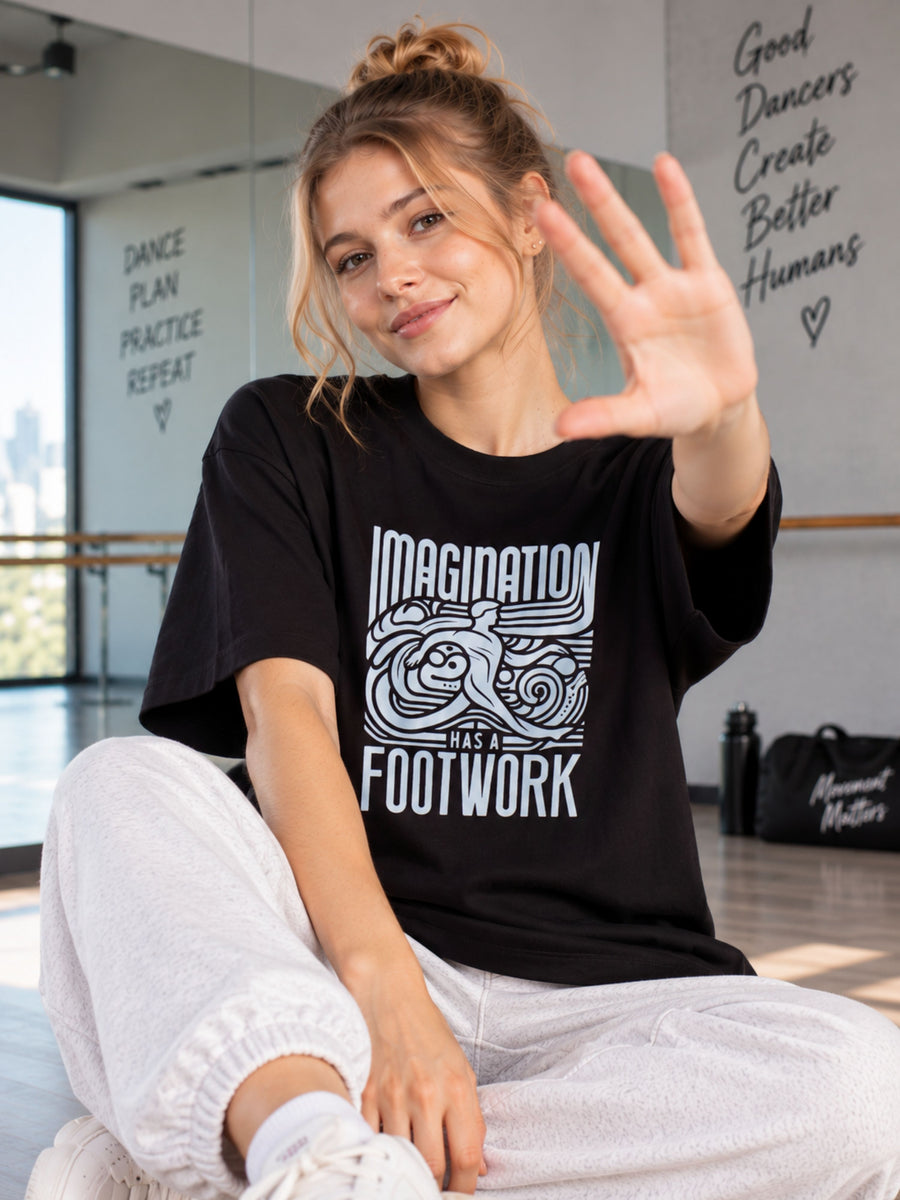 Choreographer Tshirt For Women oversized fit black tee with imaginative footwork design by Bandar Baant Collections