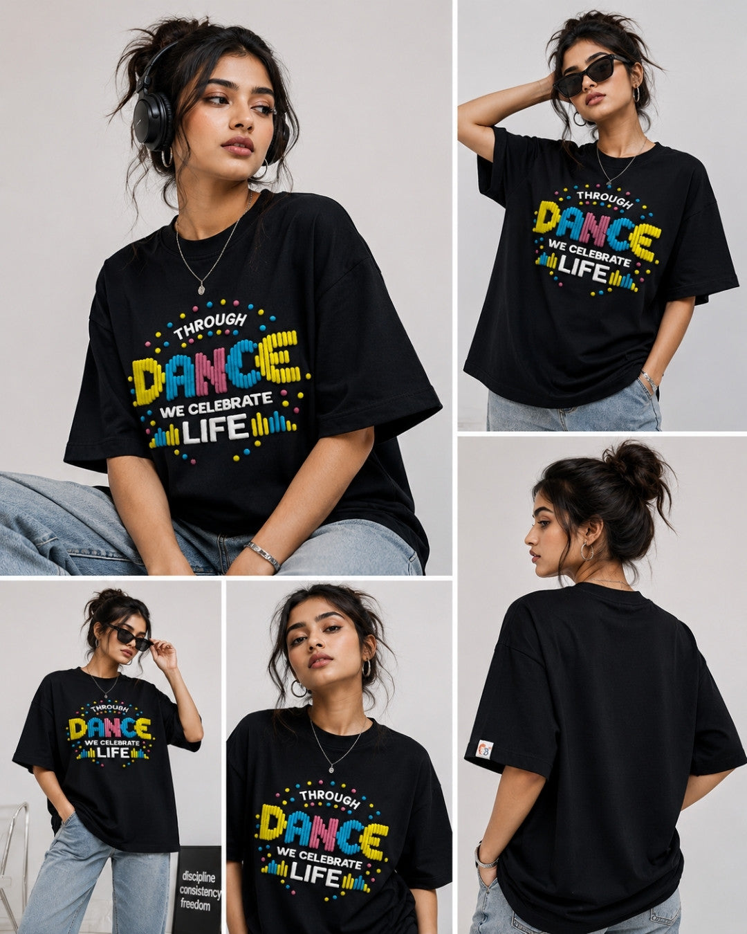 Dancer Oversized T-shirt For Women in black with colorful dance graphic, styled by model in casual poses