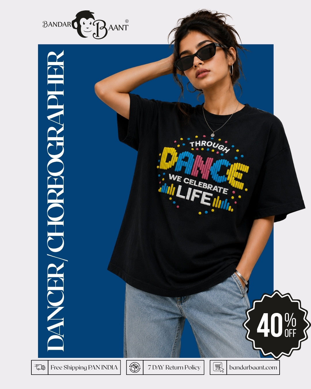 Dancer Oversized T-shirt For Women in black with colorful dance celebration print by Bandar Baant Collections