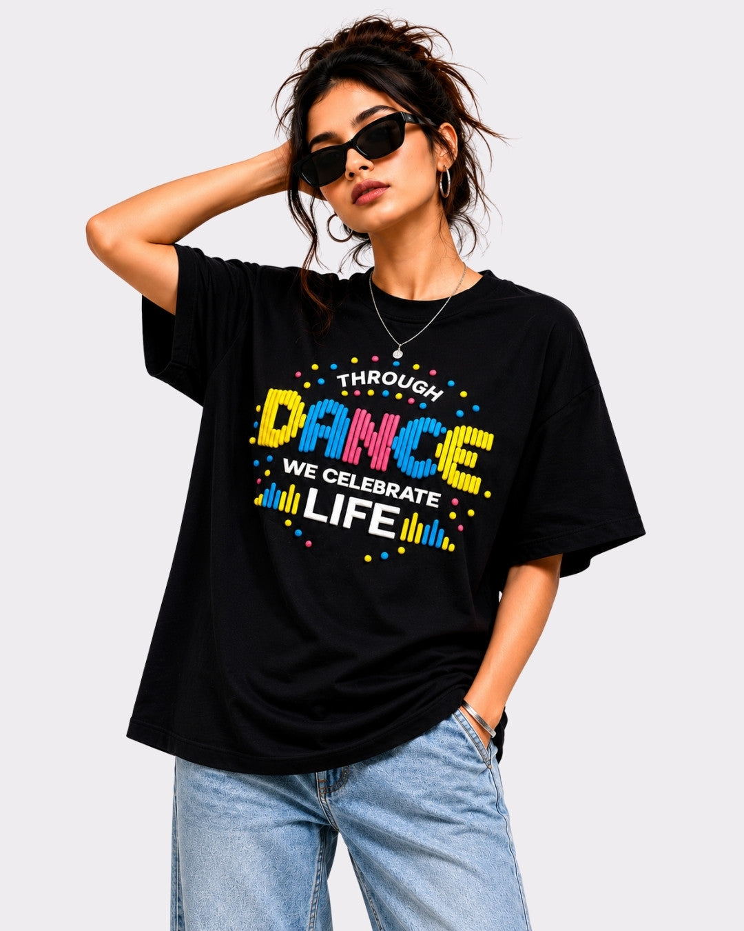 Dancer Oversized T-shirt For Women black with colorful dance graphic by Bandar Baant Collections