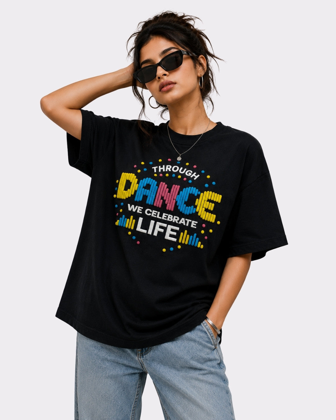 Dancer Oversized T-shirt For Women black with colorful dance print worn by model with sunglasses