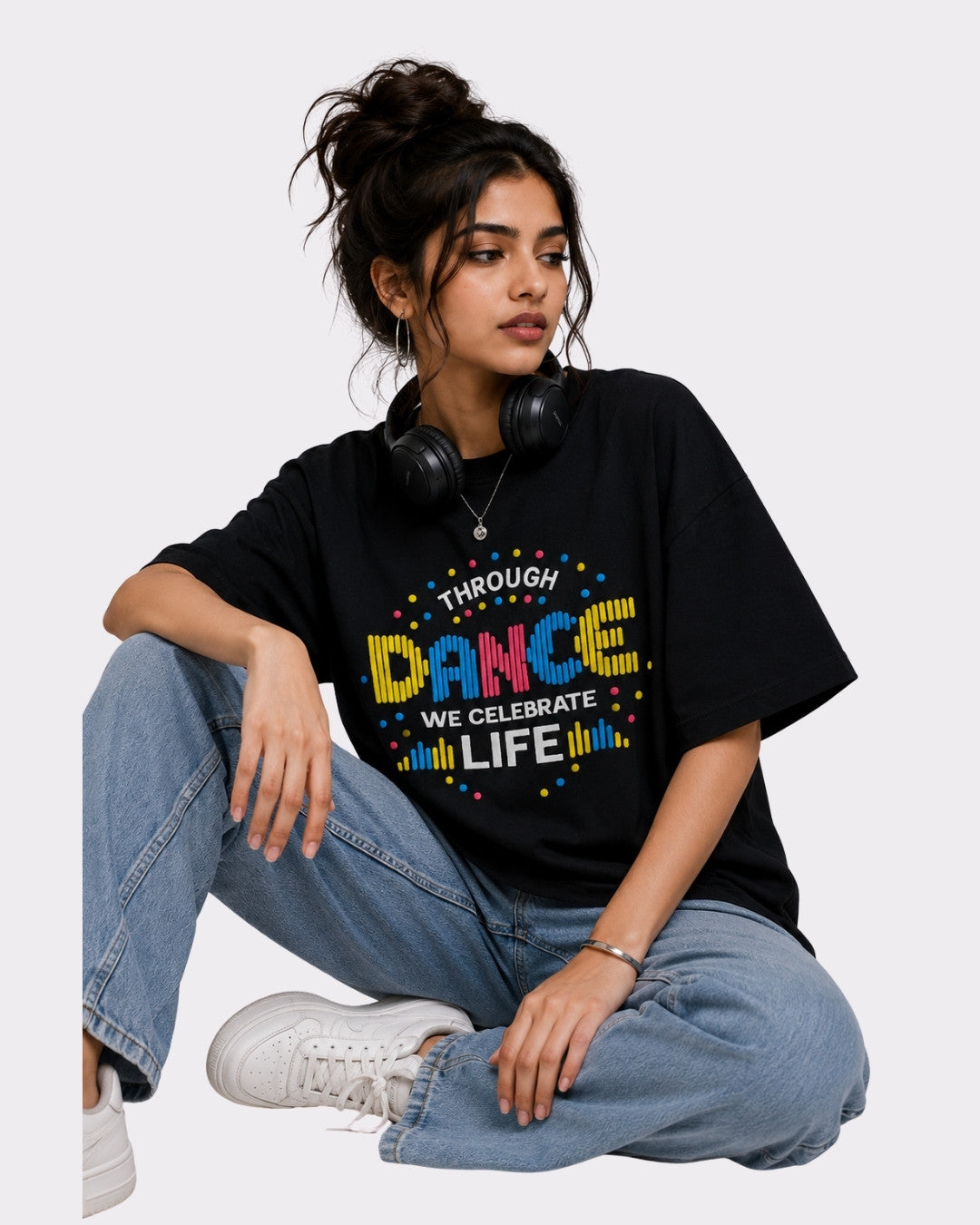 Dancer Oversized T-shirt For Women black graphic tee with colorful dance design from Bandar Baant Collections