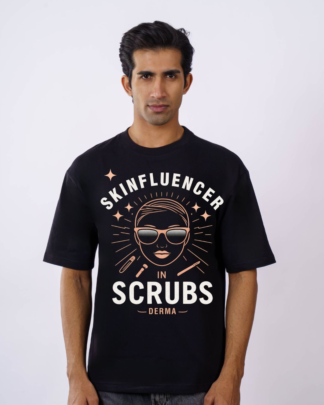 Black oversized fit Dermatologist Designer T-shirt For Men with Skinfluencer in Scrubs graphic