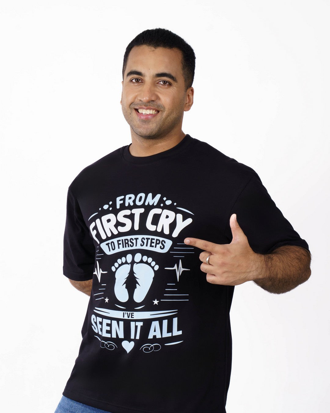 Black oversized fit Tshirt For Men with white graphic text and footprints design