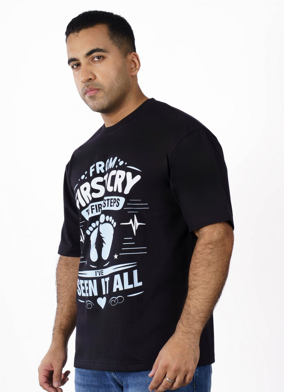 Black oversized fit Tshirt For Men with white graphic print from Bandar Baant Collections