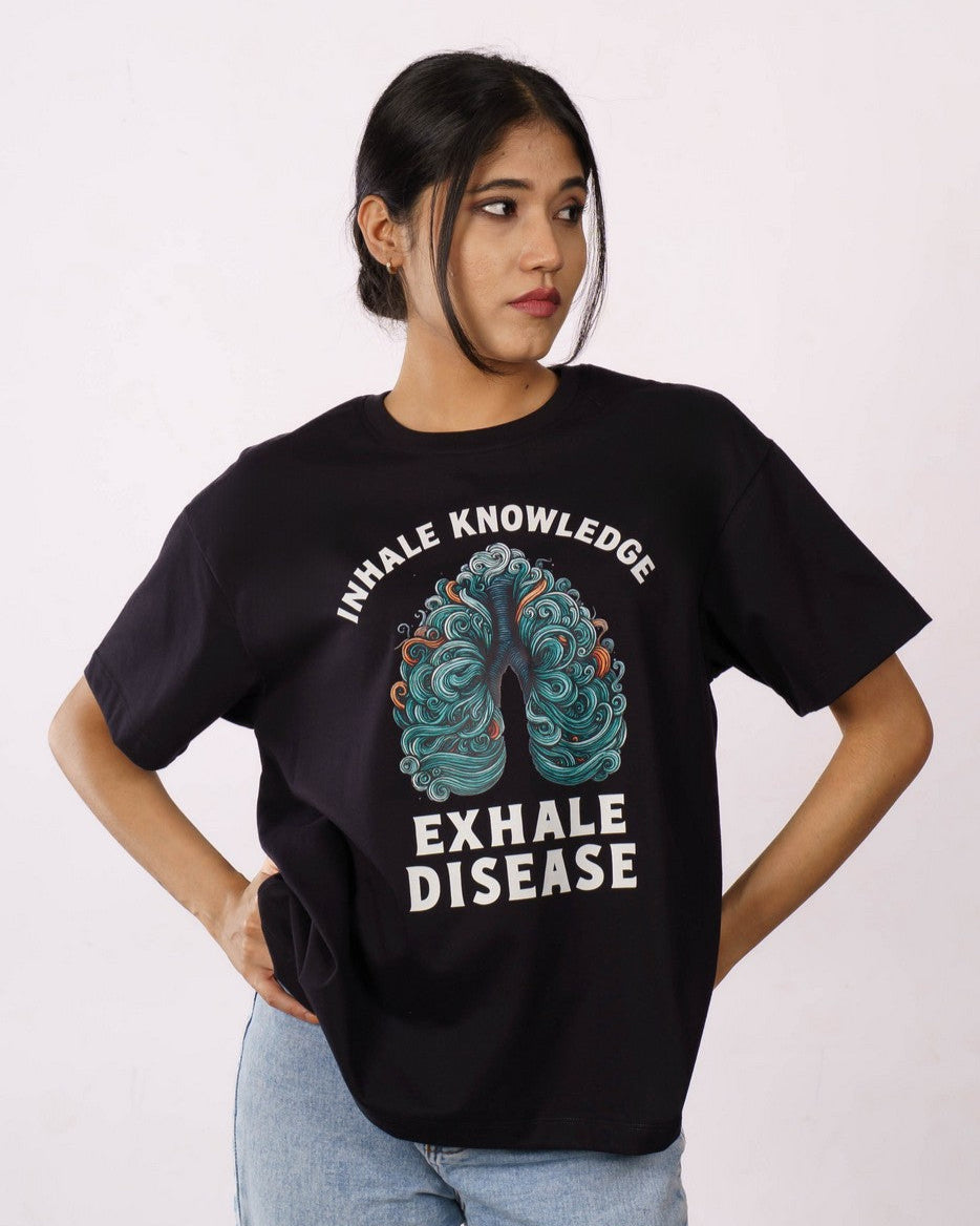 Oversized fit Tshirt for women in black with inhale knowledge exhale disease graphic print from Bandar Baant Collections