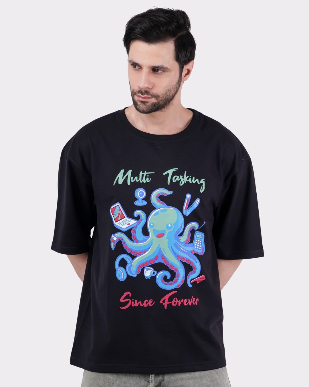 Multitasking Since Forever | Octopus Animal Archetype Oversized T-Shirt For Men in black from Bandar Baant Collections