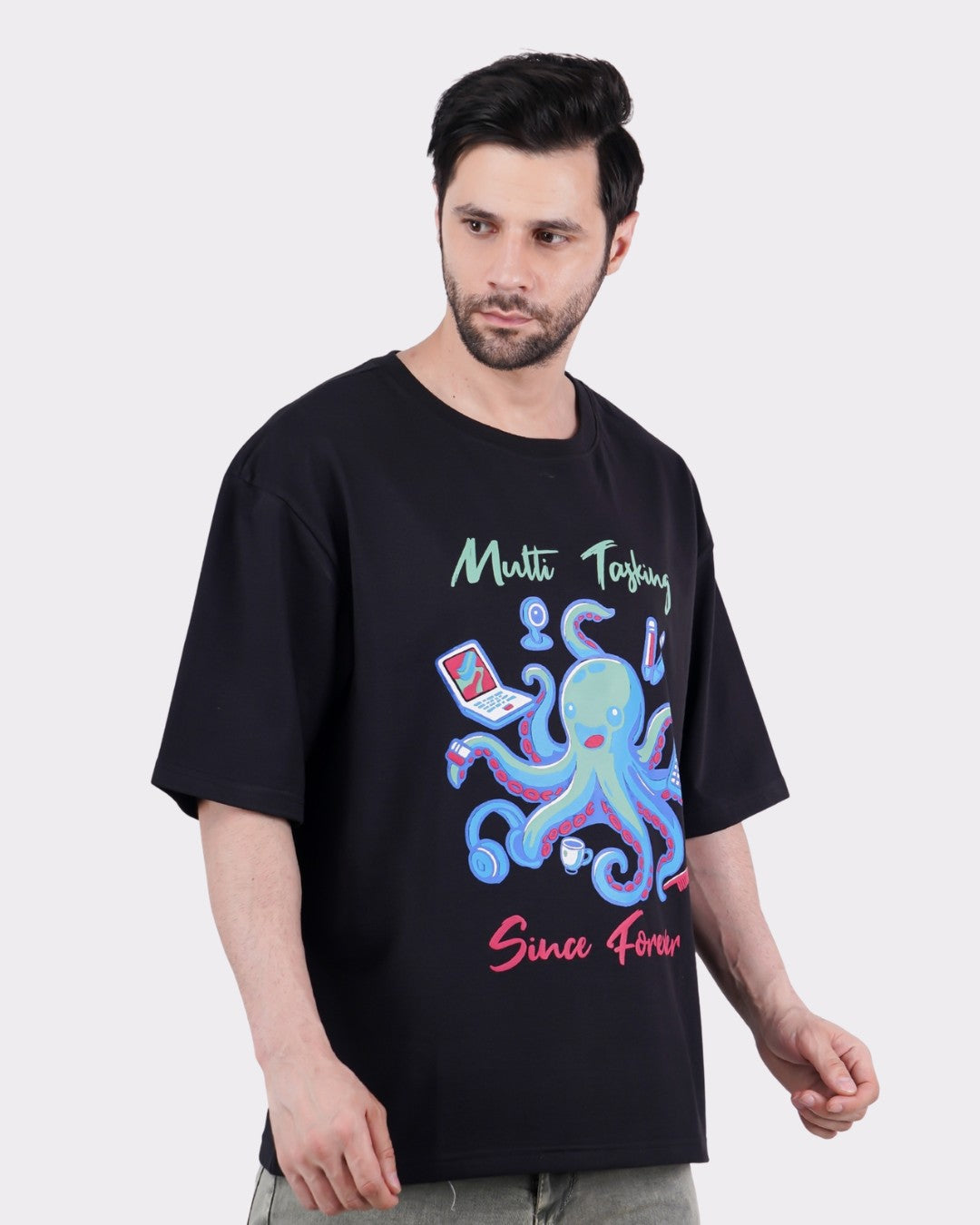 Multitasking Since Forever Octopus Animal Archetype Oversized T-Shirt For Men black fit on male model