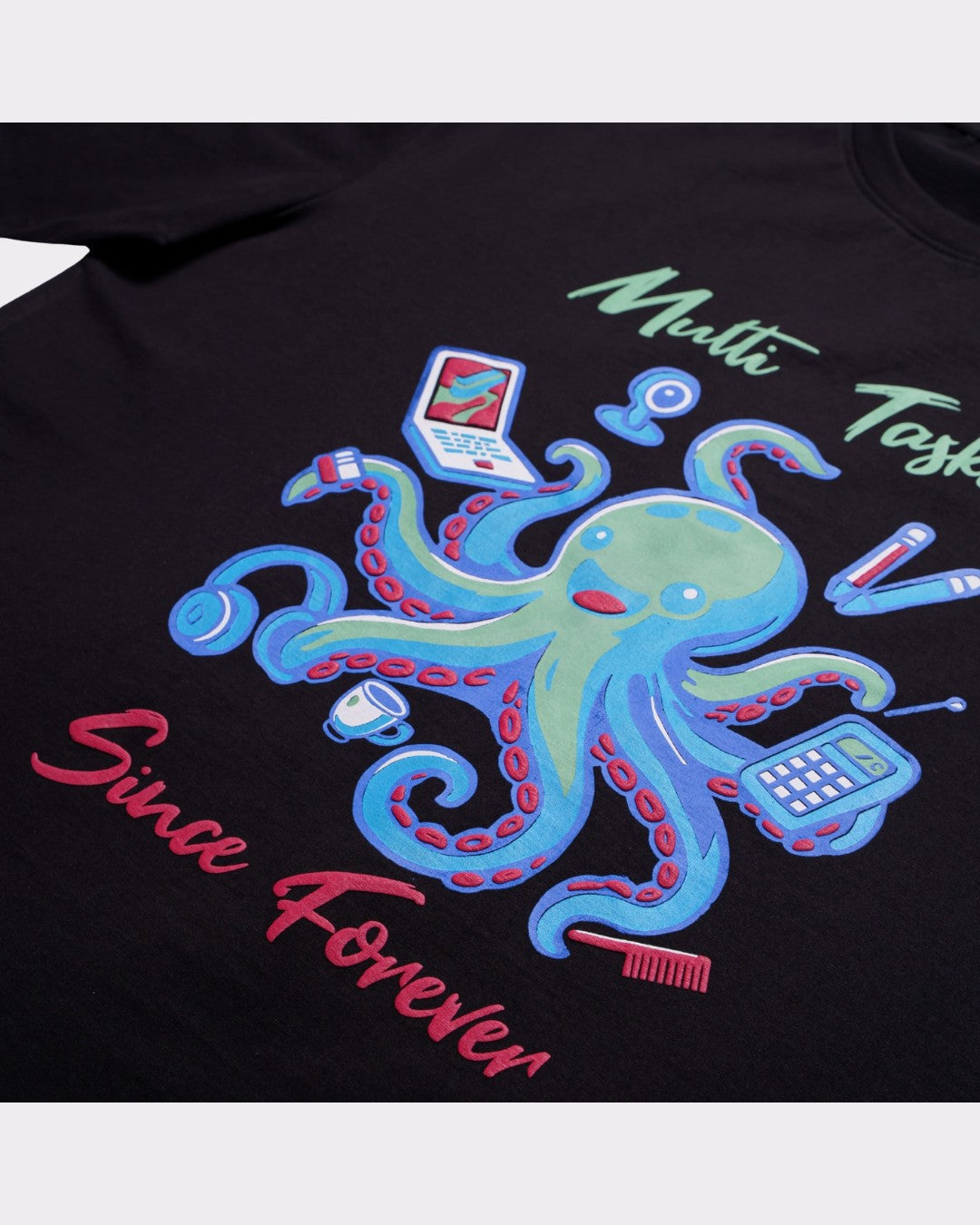 Black oversized fit Tshirt featuring Multitasking Since Forever Octopus Animal Archetype design for men