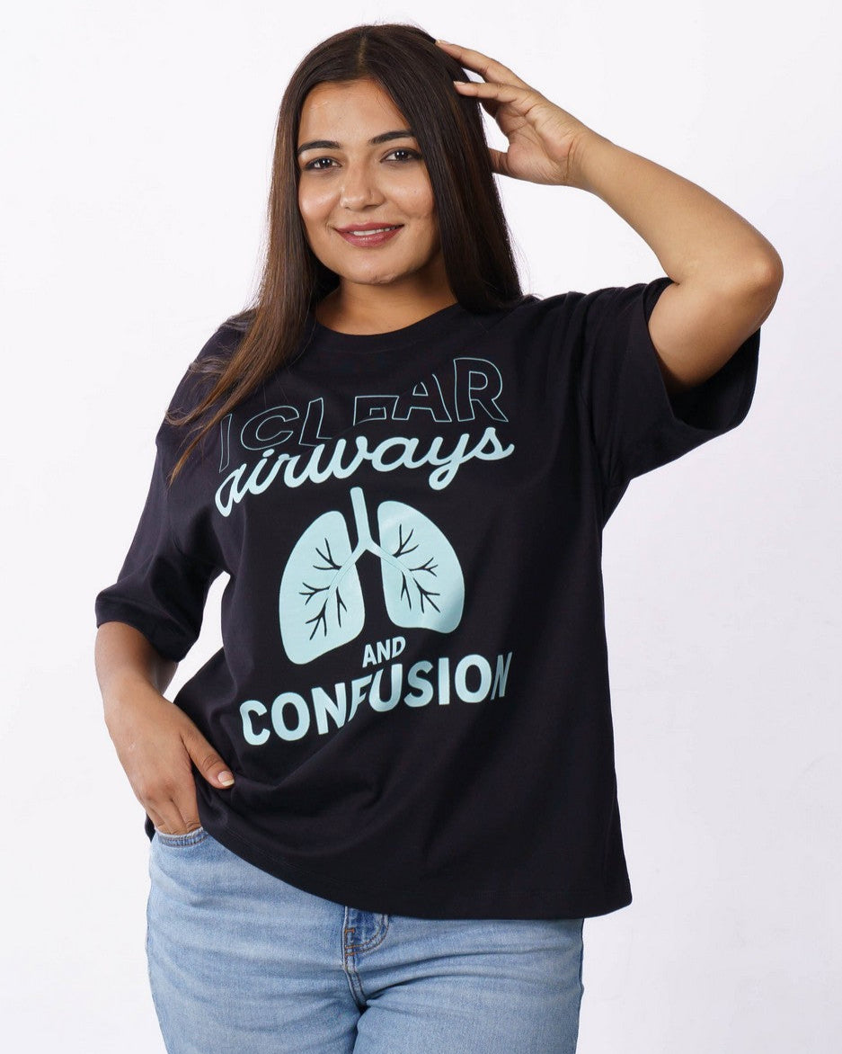 Black oversized T-shirt for women with Clear Airways and Confusion graphic from Bandar Baant Collections