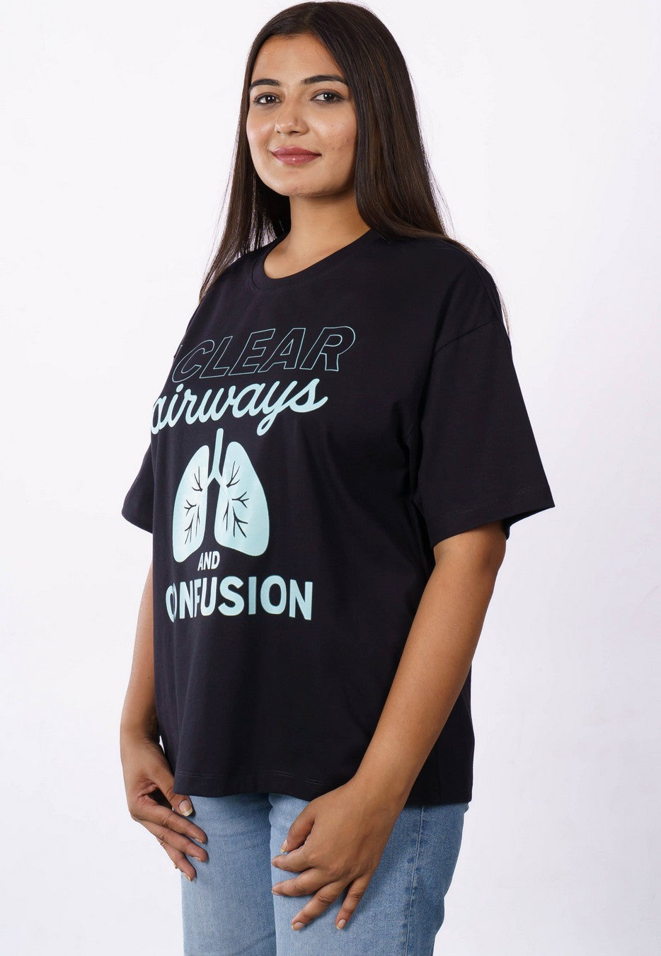 Bandar Baant Collections oversized fit black T-shirt for women with funny lung graphic and clear airways text