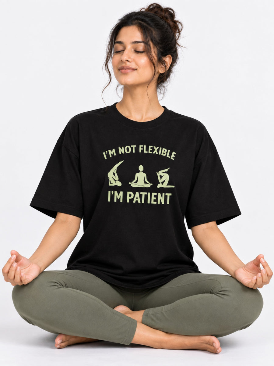 Oversized fit black Yoga Instructor T-shirt For Women with yoga pose graphic and text I m not flexible I m patient