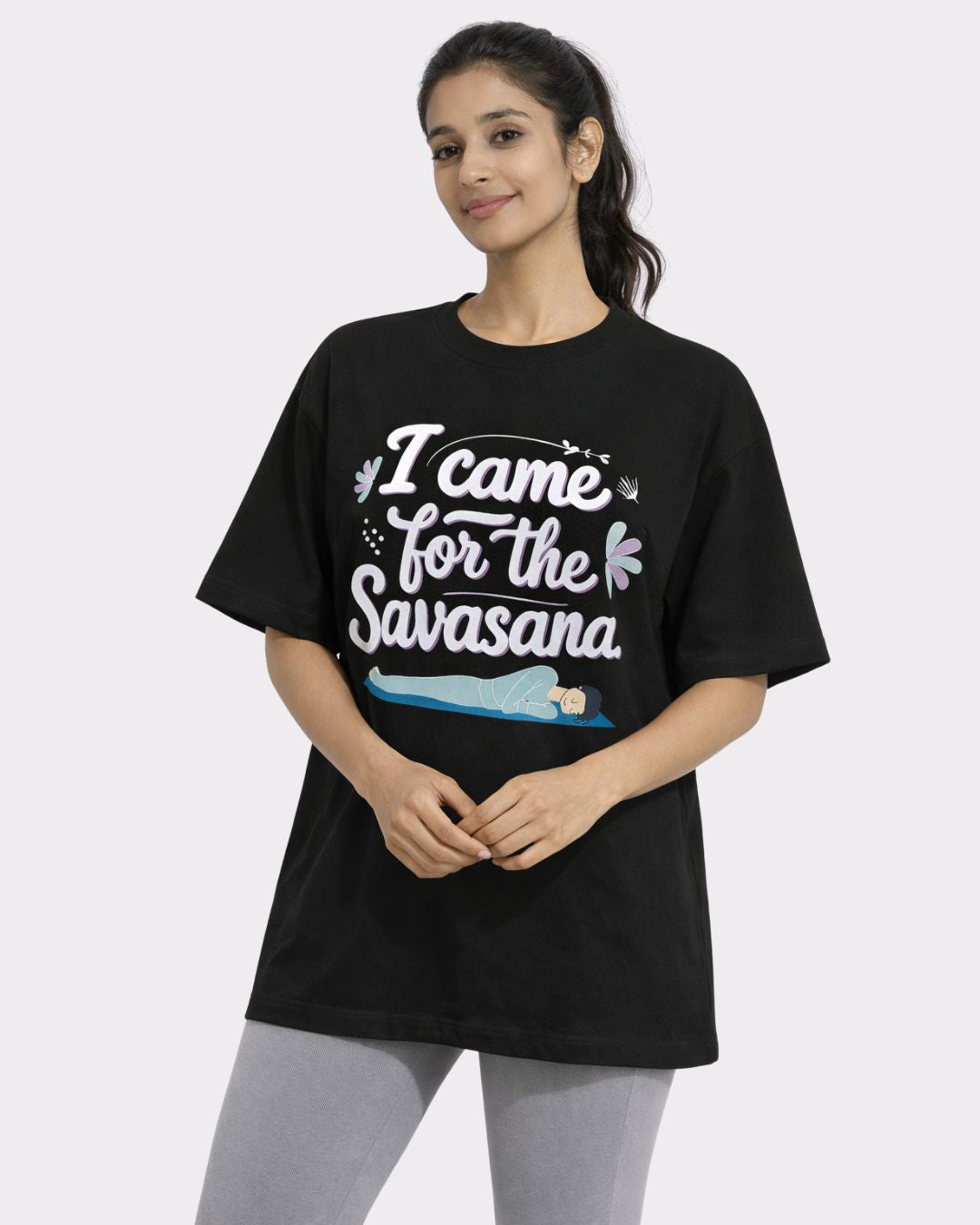 Yoga Oversized T-shirt For Women in black with I came for the Savasana print worn by model