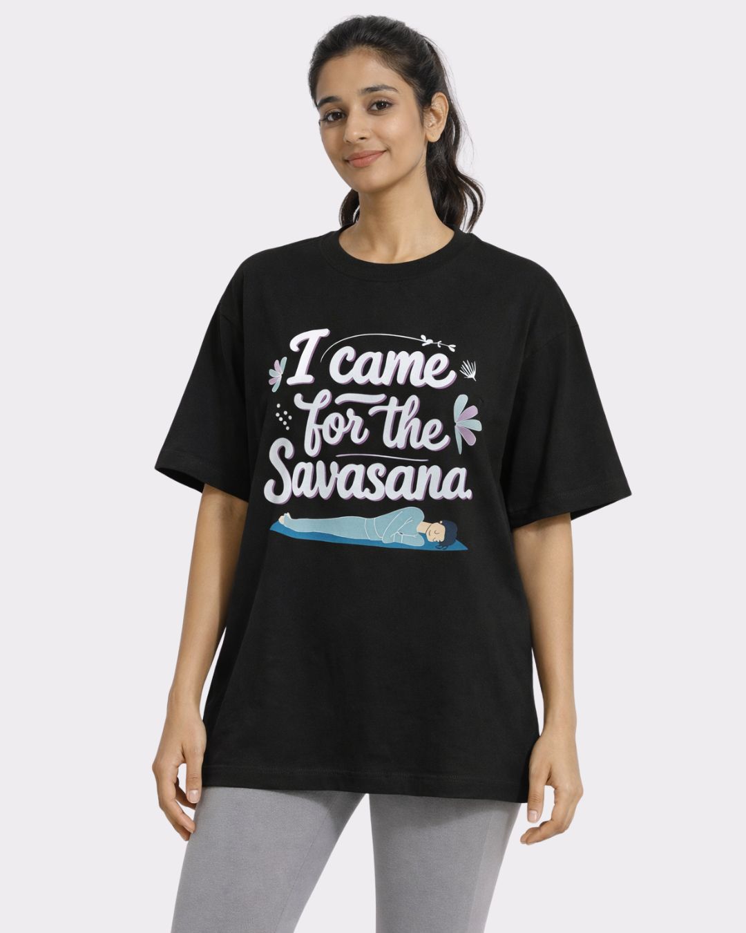 Black Yoga Oversized T-shirt For Women with I Came for the Savasana print by Bandar Baant Collections