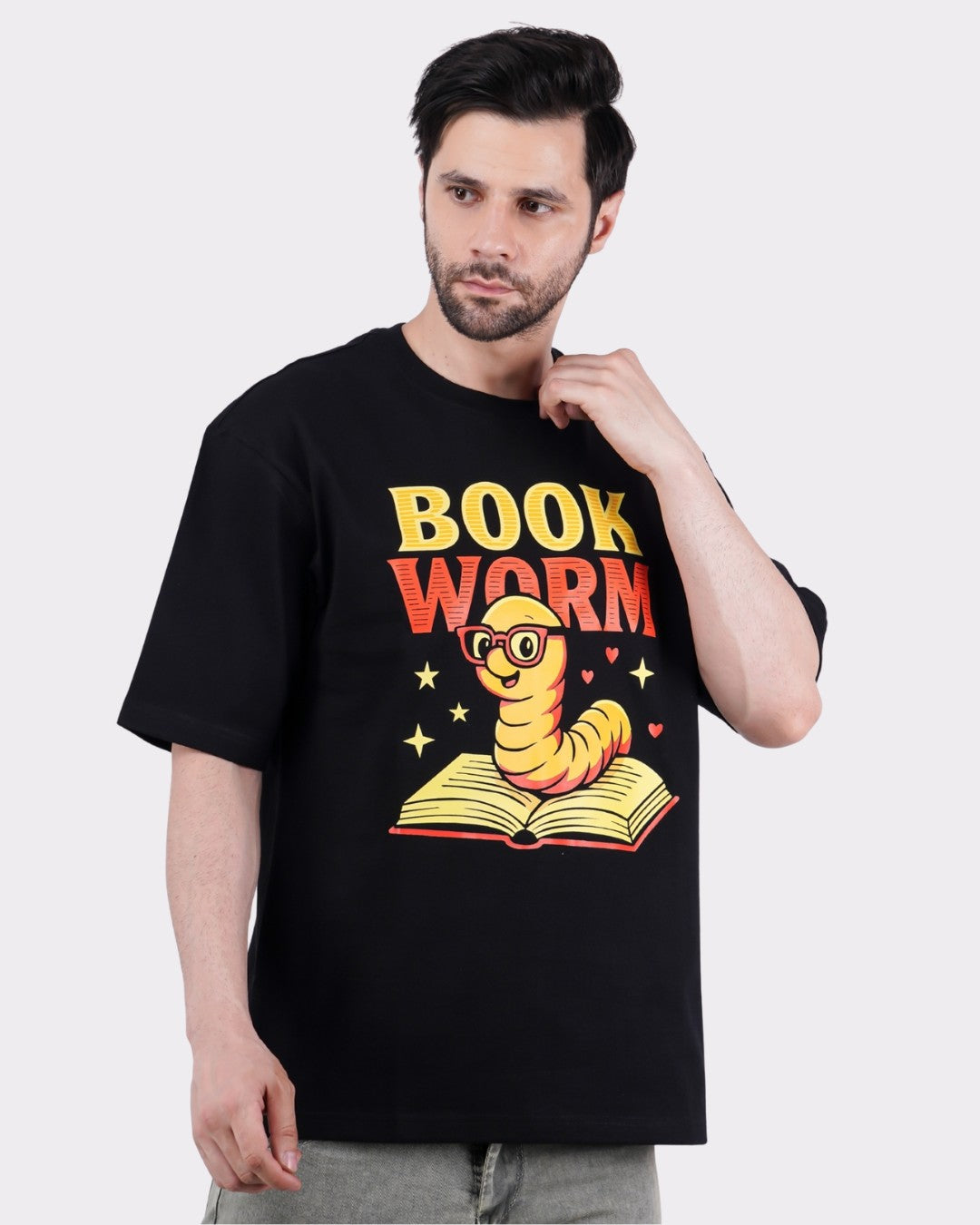 Book Worm Oversized T-Shirt For Men in black with cartoon bookworm graphic and relaxed fit by Bandar Baant Collections