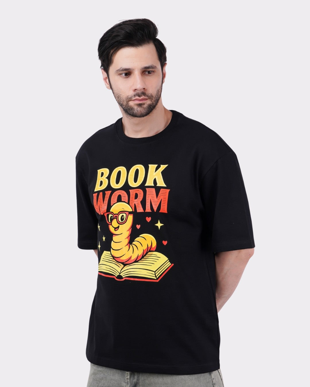Book Worm Oversized T-Shirt For Men in black with cartoon bookworm graphic and comfortable fit