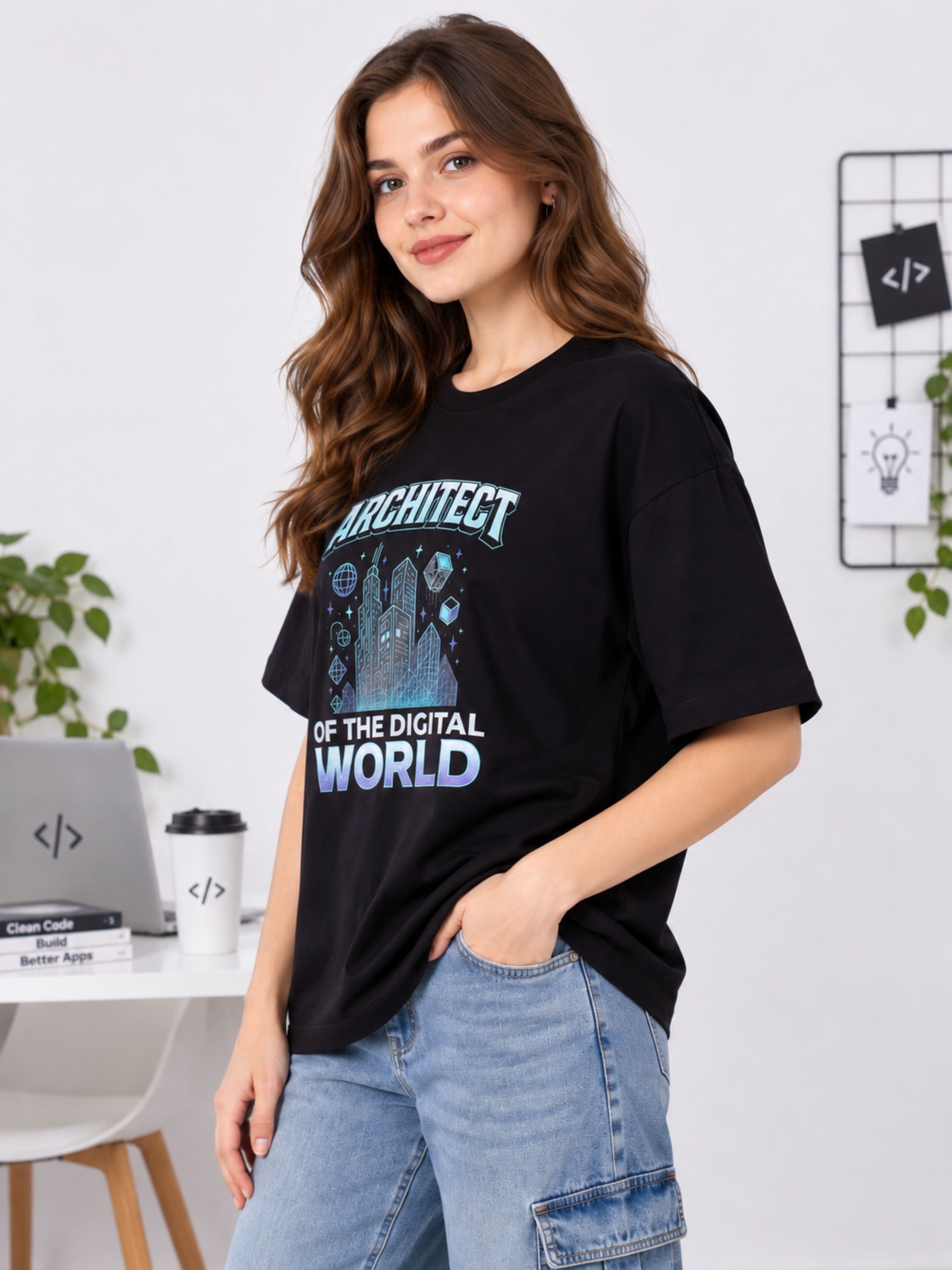 App Developer Tshirt For Women oversized fit black T-shirt with digital world print from Bandar Baant Collections