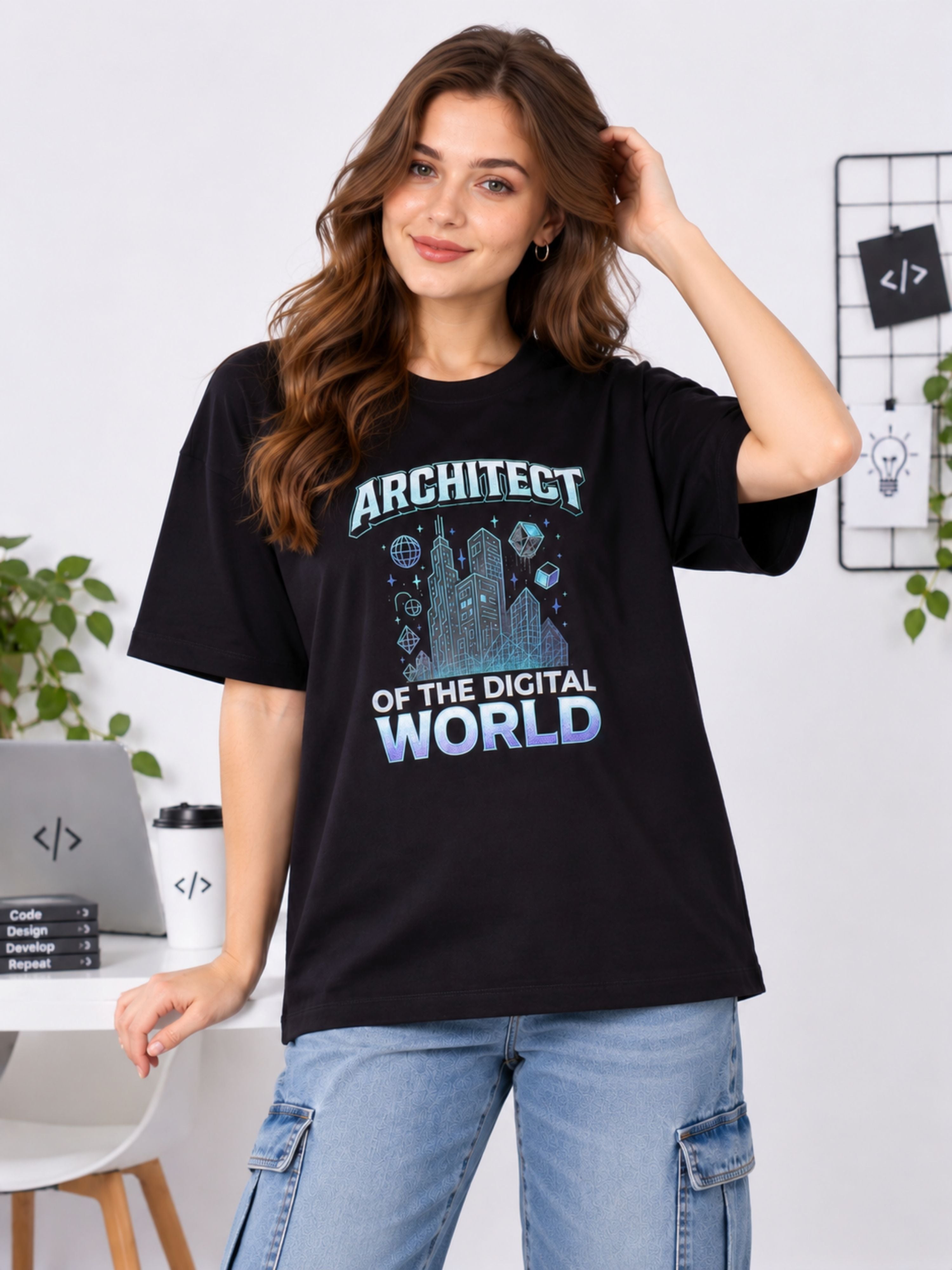 App Developer Tshirt For Women oversized fit black Tshirt with digital world architect design