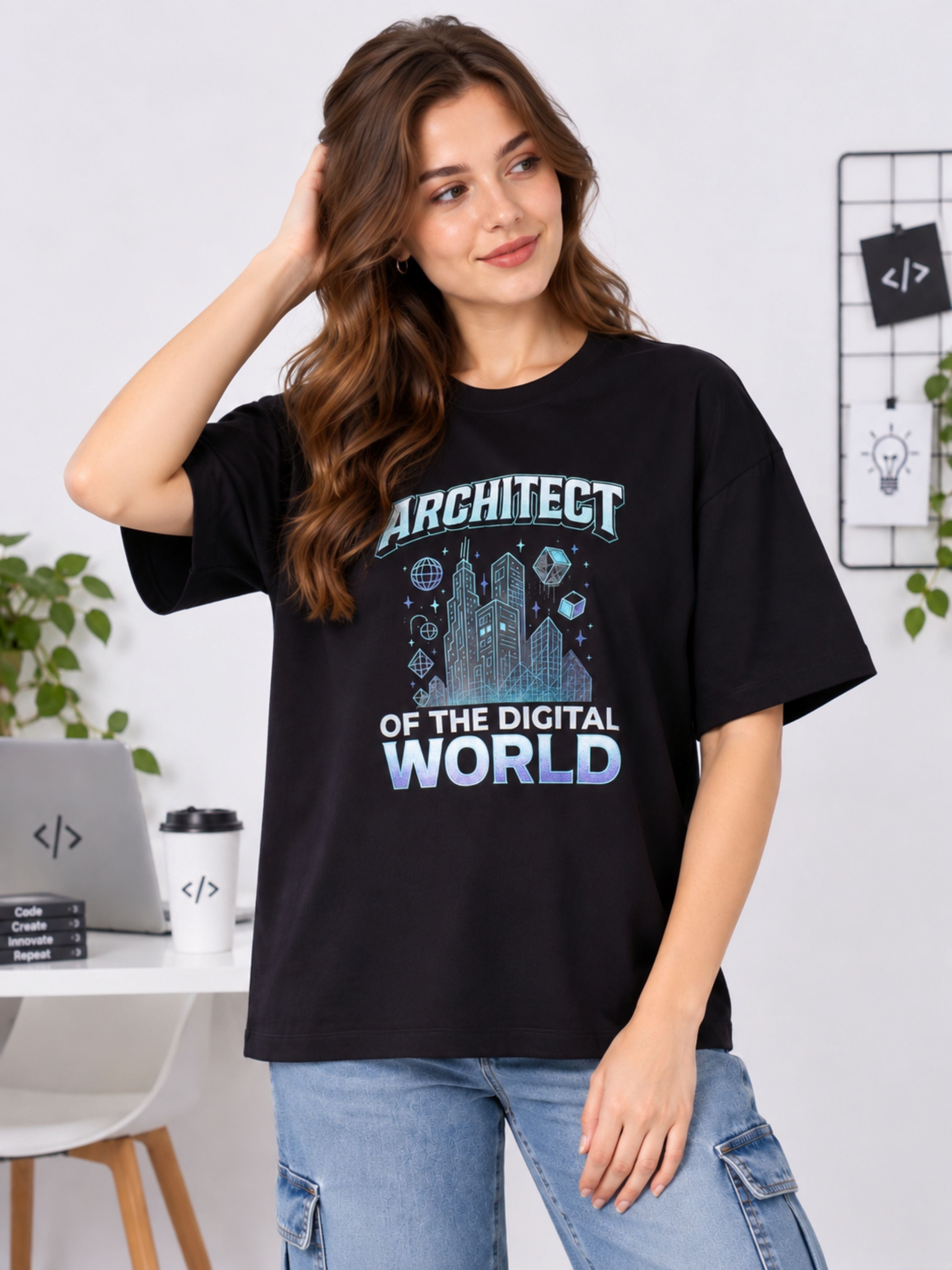 Black oversized fit App Developer Tshirt For Women with digital architect graphic design