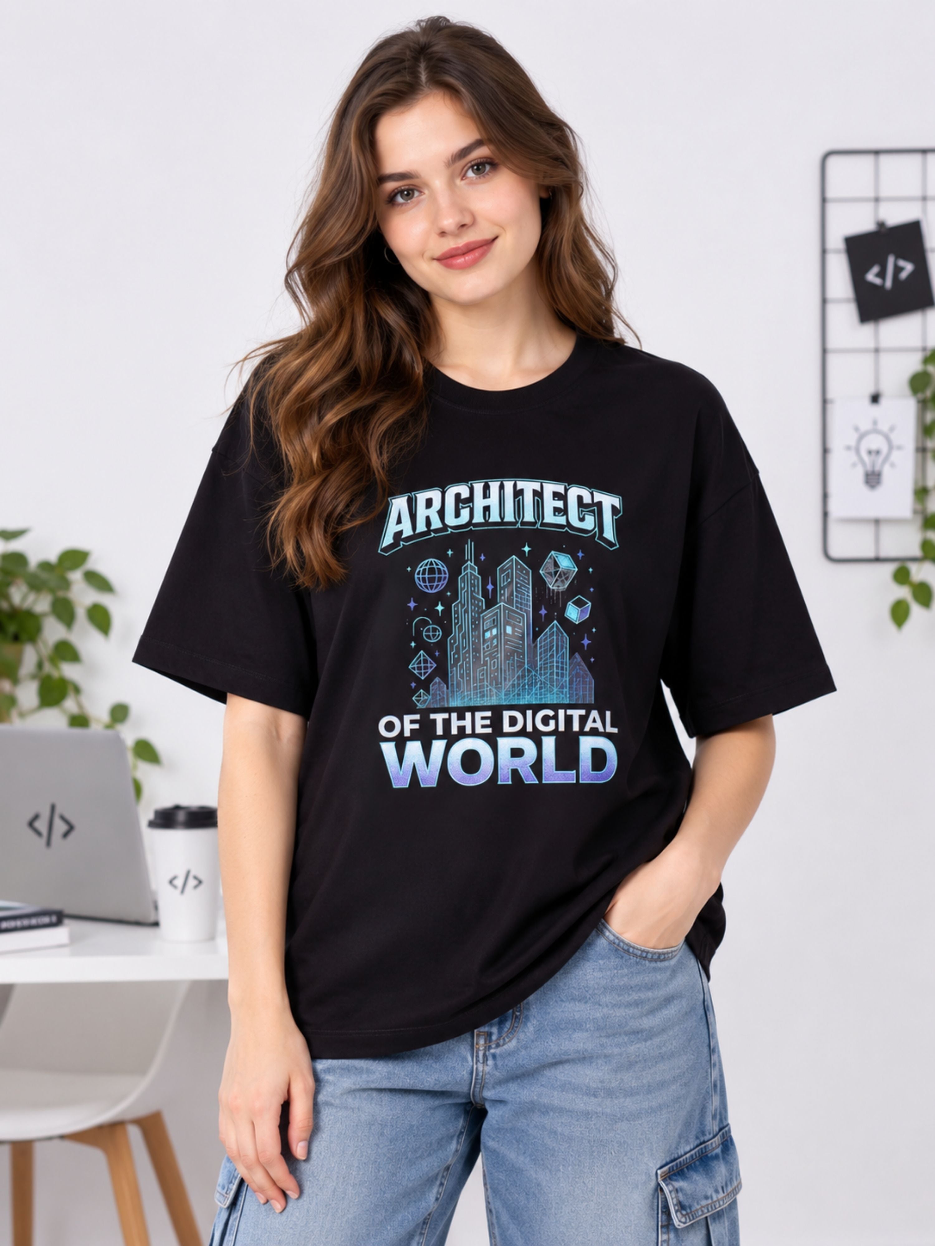 Black oversized fit App Developer Tshirt For Women with Architect of the Digital World graphic