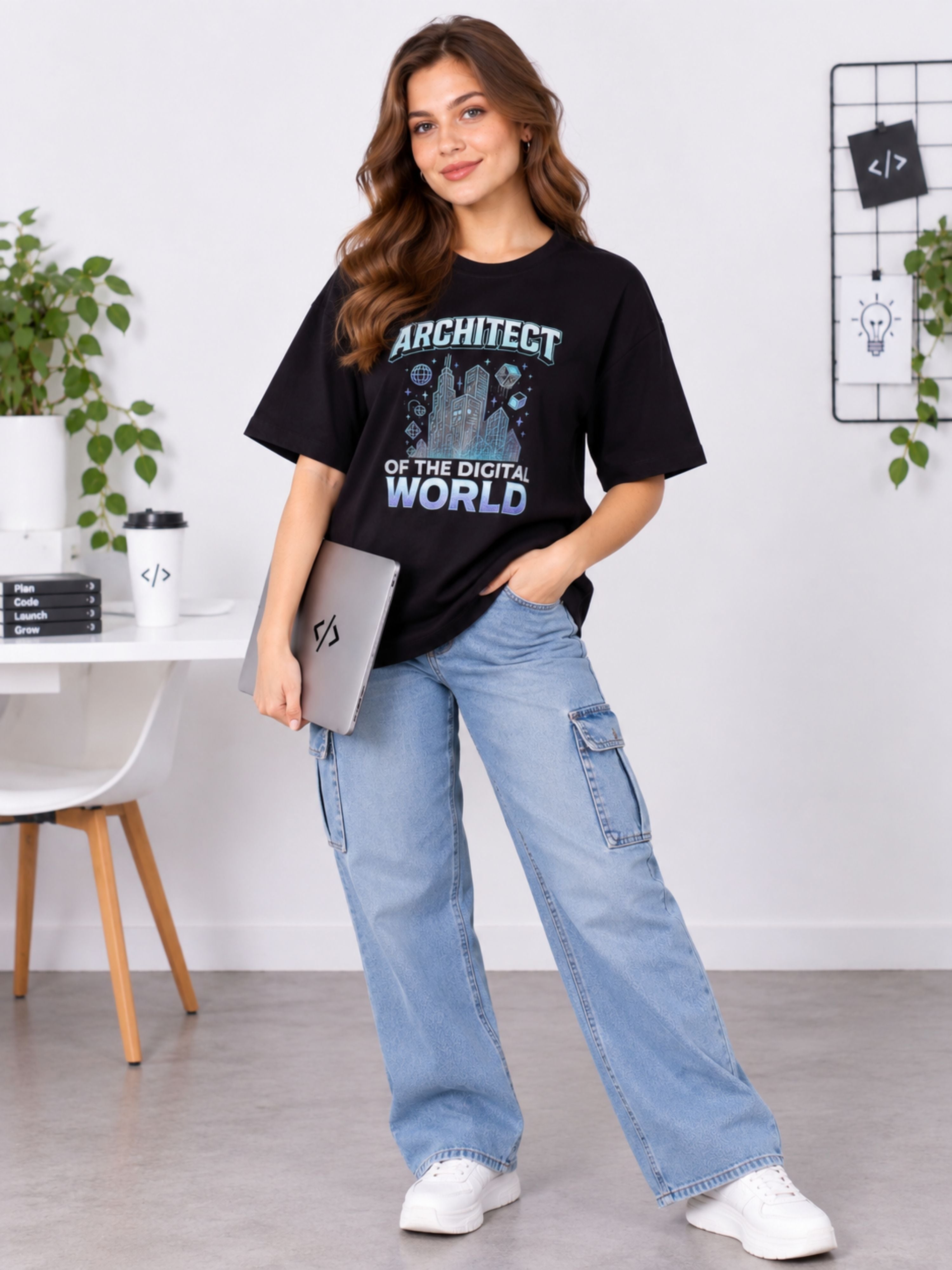 Woman wearing oversized fit App Developer Tshirt For Women holding laptop with digital architect print