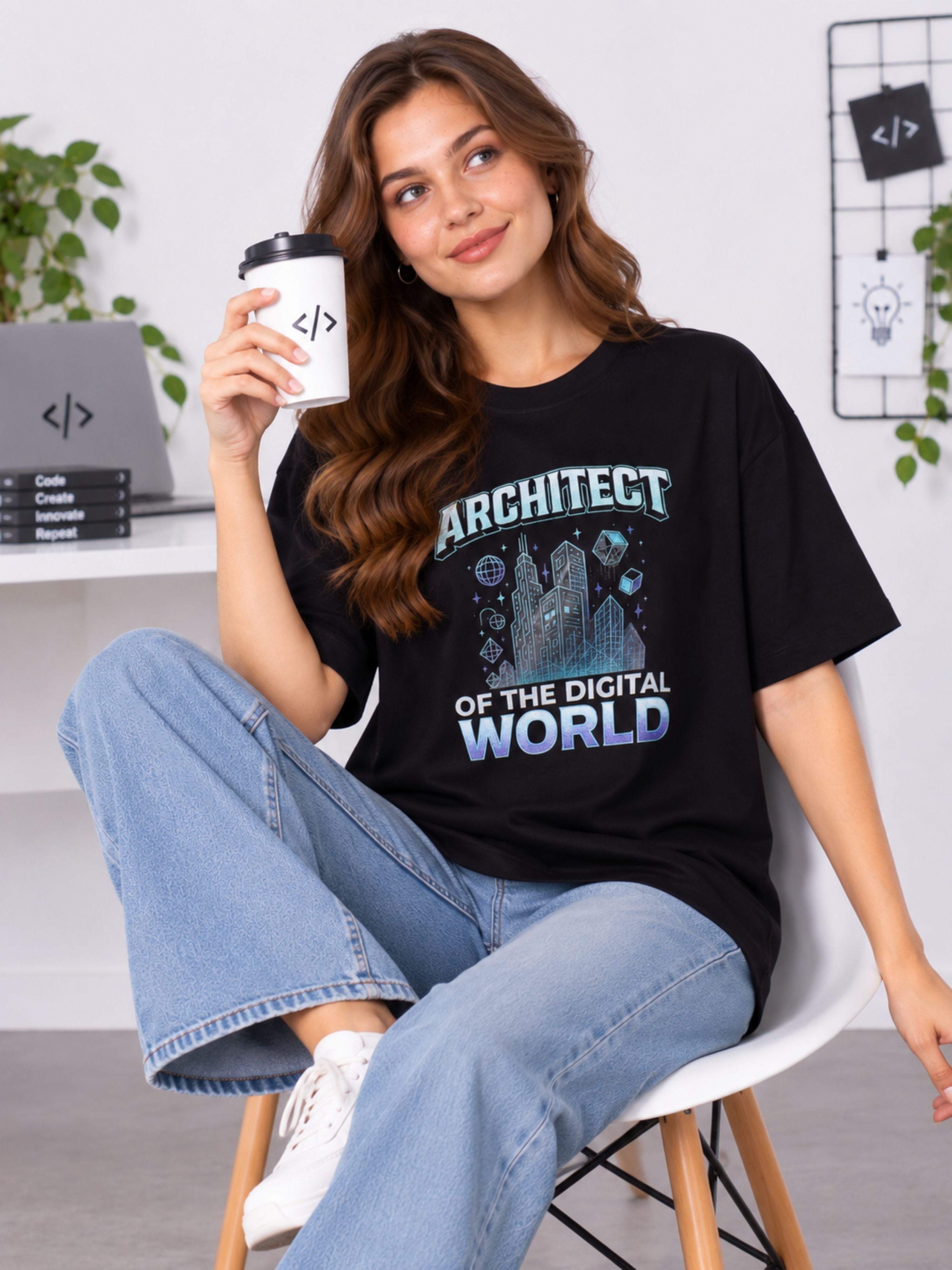 App Developer Tshirt For Women oversized fit in black with architect of the digital world print by Bandar Baant Collections