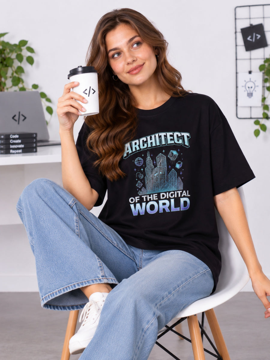 App Developer Tshirt For Women oversized fit in black with architect of the digital world print by Bandar Baant Collections