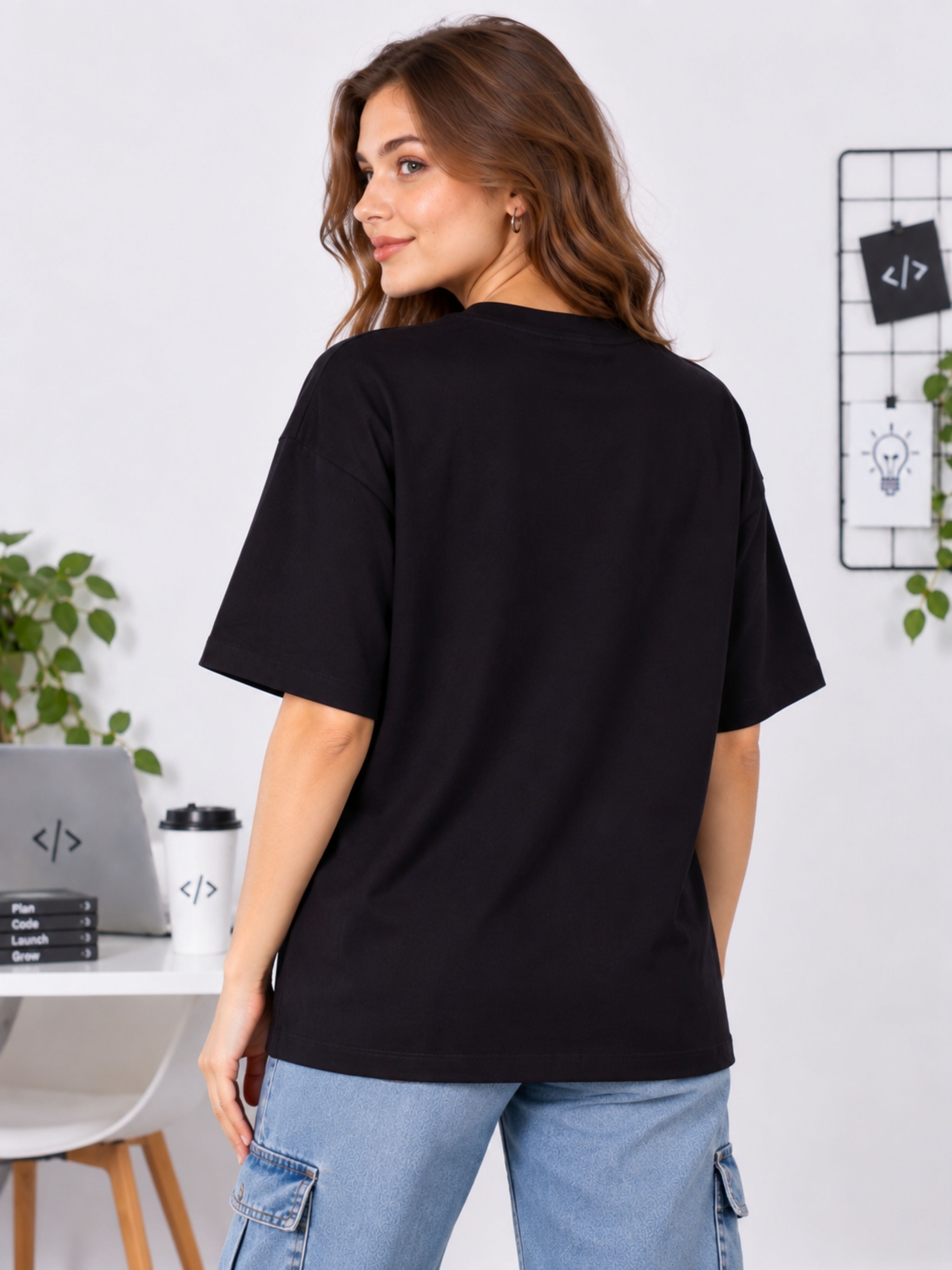 Oversized fit black App Developer Tshirt For Women by Bandar Baant Collections shown from back