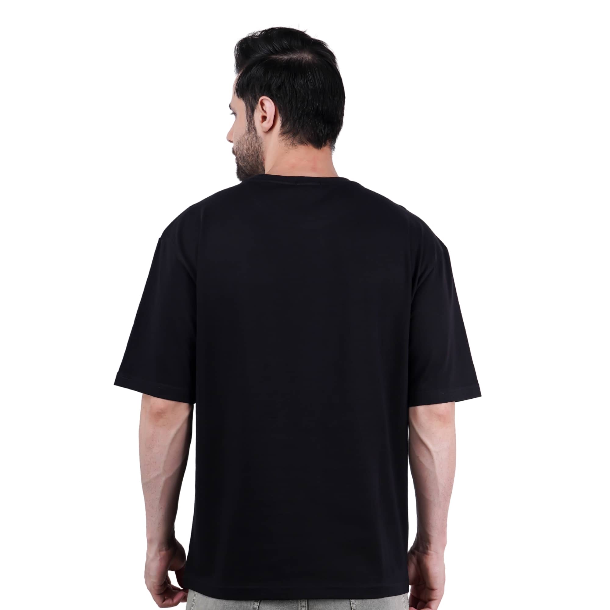 Black oversized fit Gym Enthusiast T-shirt For Men by Bandar Baant Collections shown from the back