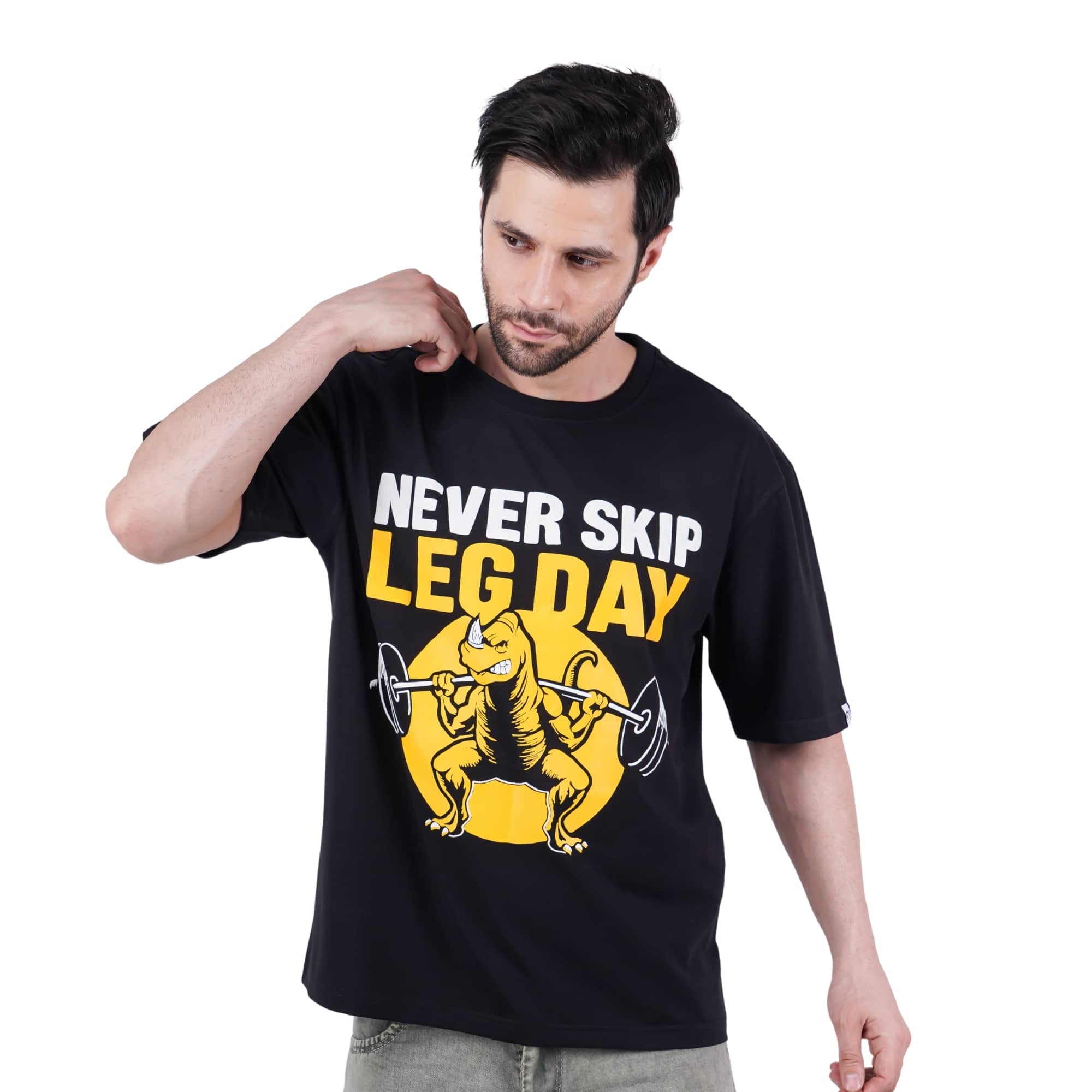 Oversized fit Gym Enthusiast Trendy T-shirt For Men with Never Skip Leg Day dinosaur design