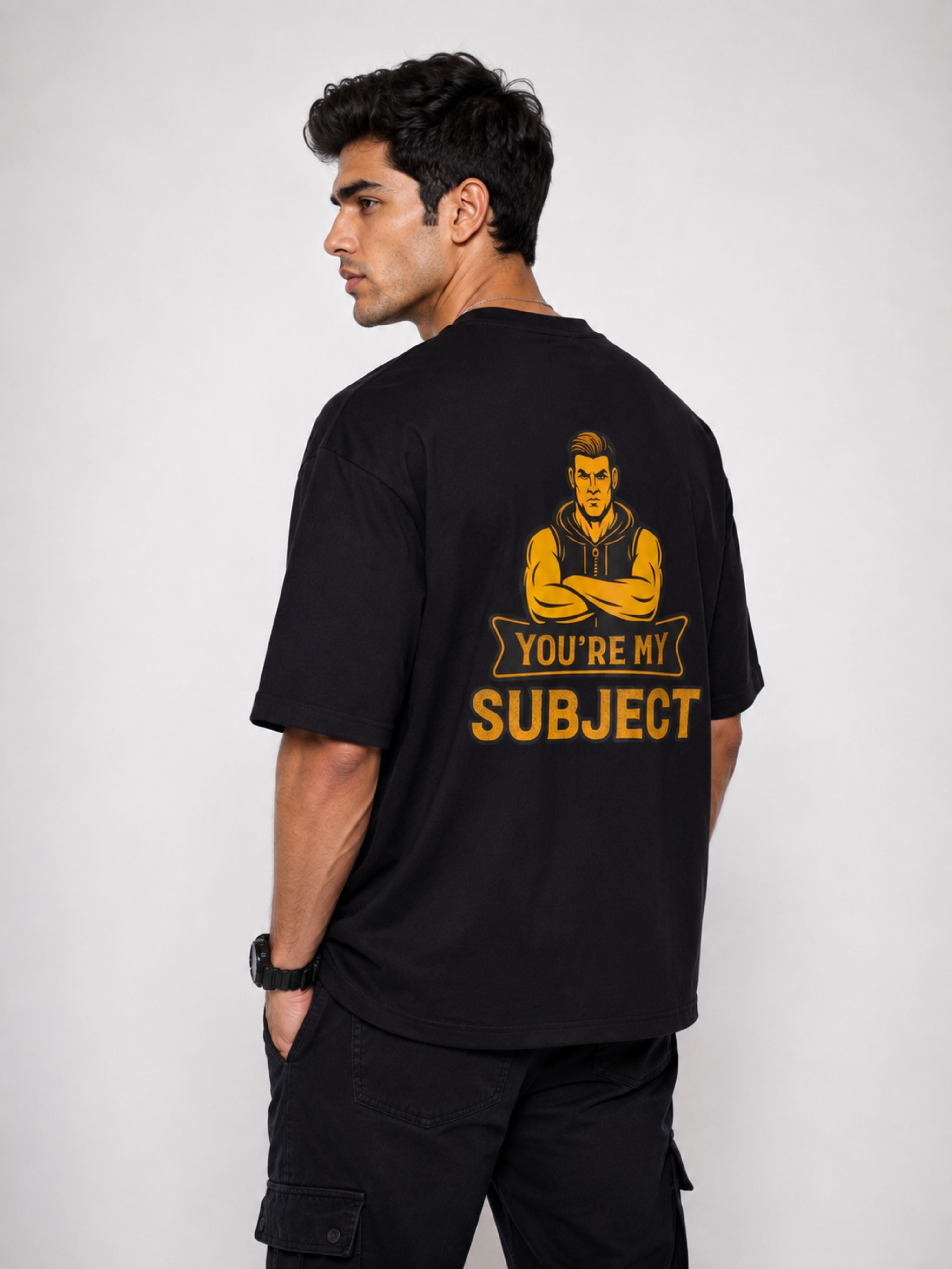 Black oversized fit Gym Printed T shirts For Men with bold yellow graphic and text on back