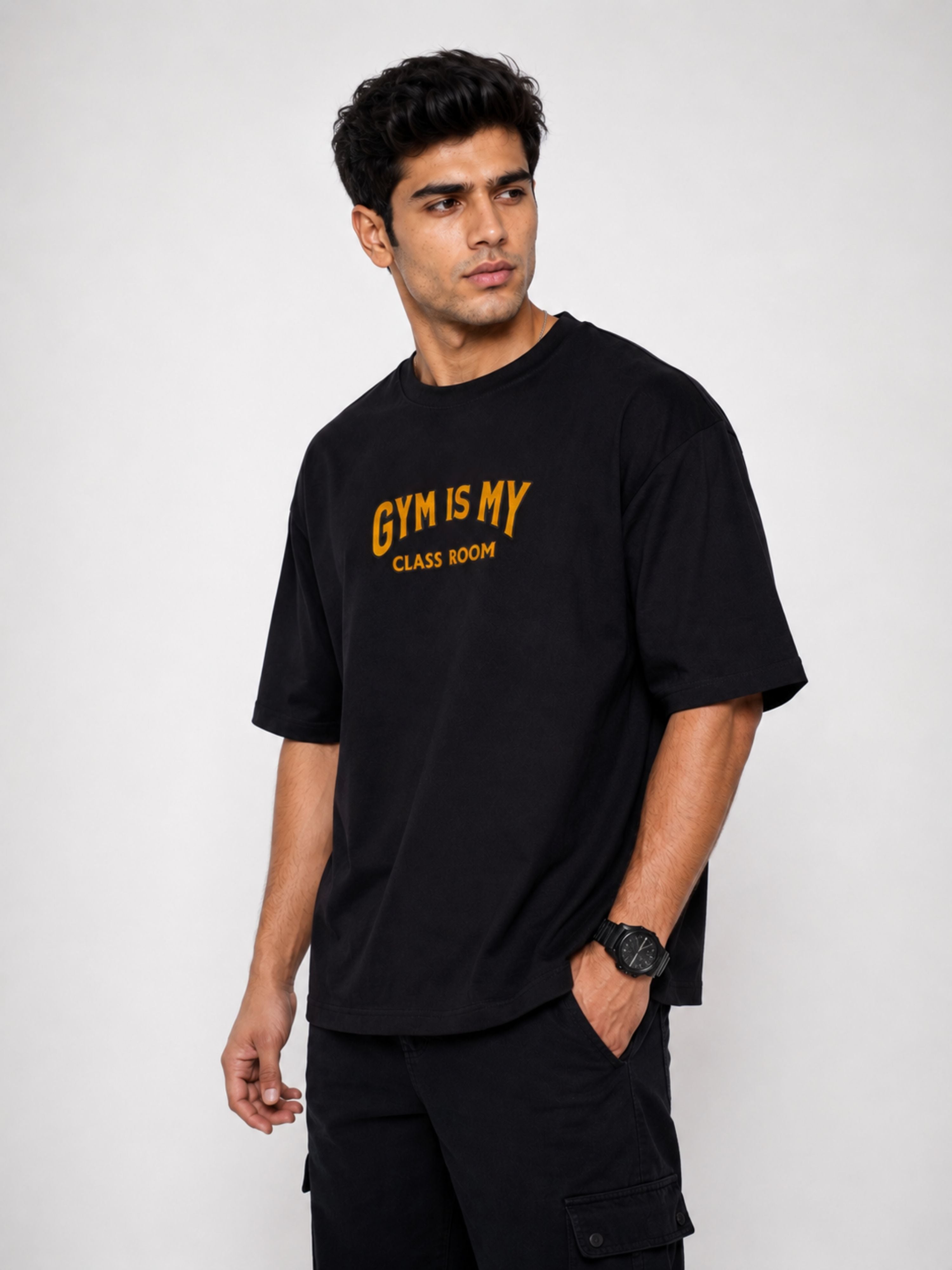 Oversized fit black Gym Printed T shirts For Men with yellow gym quote from Bandar Baant Collections