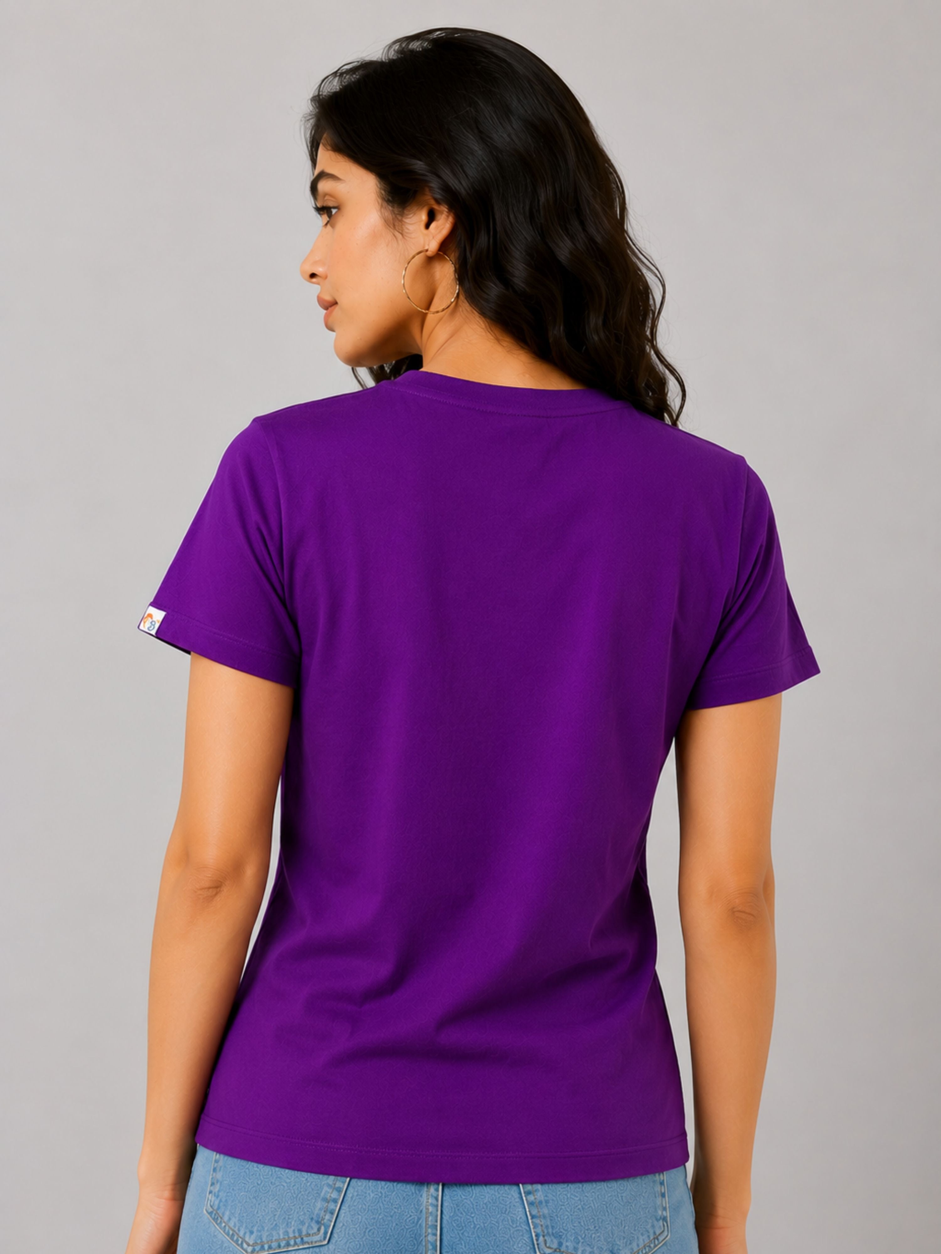 Back view of a woman wearing a purple Regular Fit T-Shirt for Women by Bandar Baant Collections