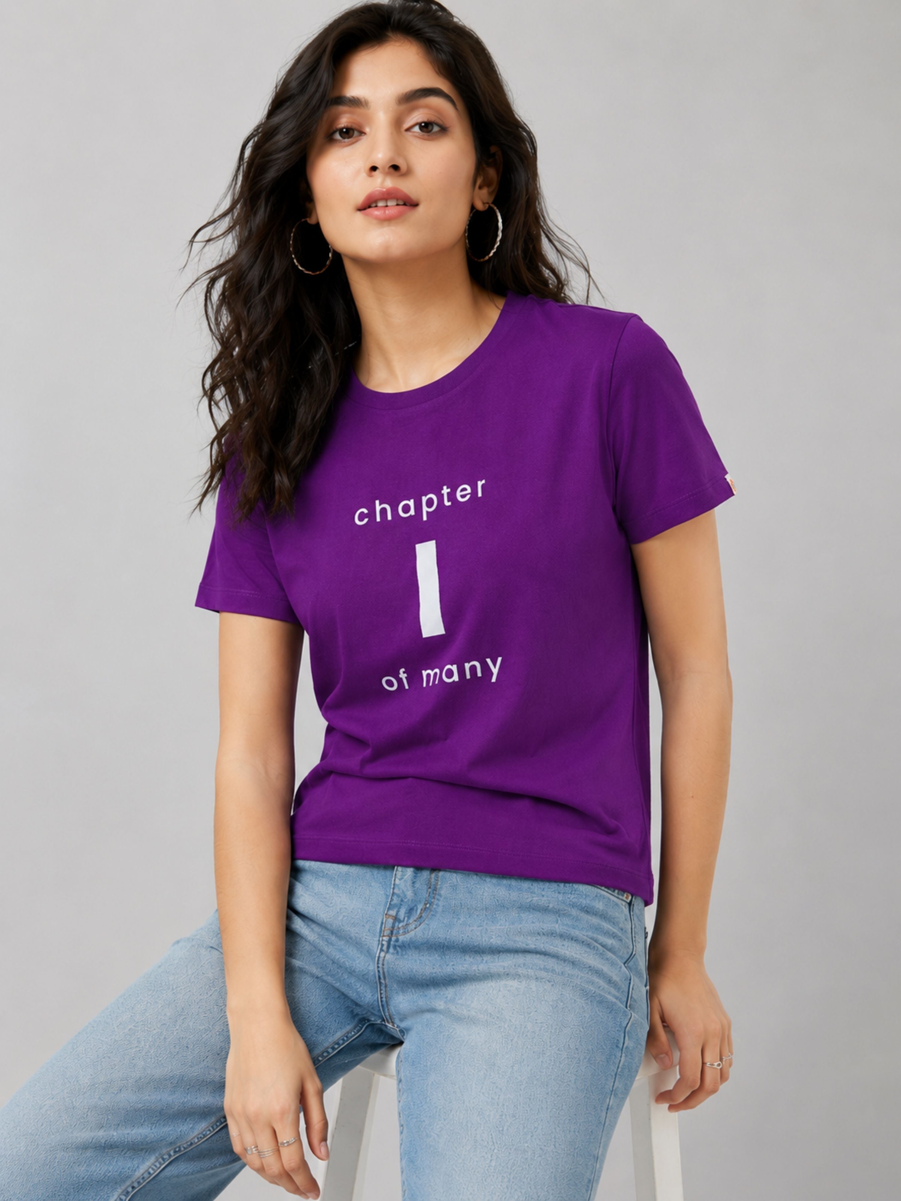 Purple Regular Fit T-Shirt for Women from Bandar Baant Collections with white text design