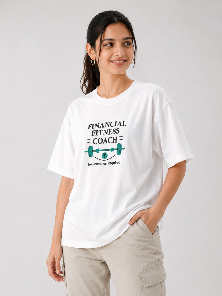 Bandar Baant Collections oversized fit CA T-shirt For Women in white with fitness coach graphic print