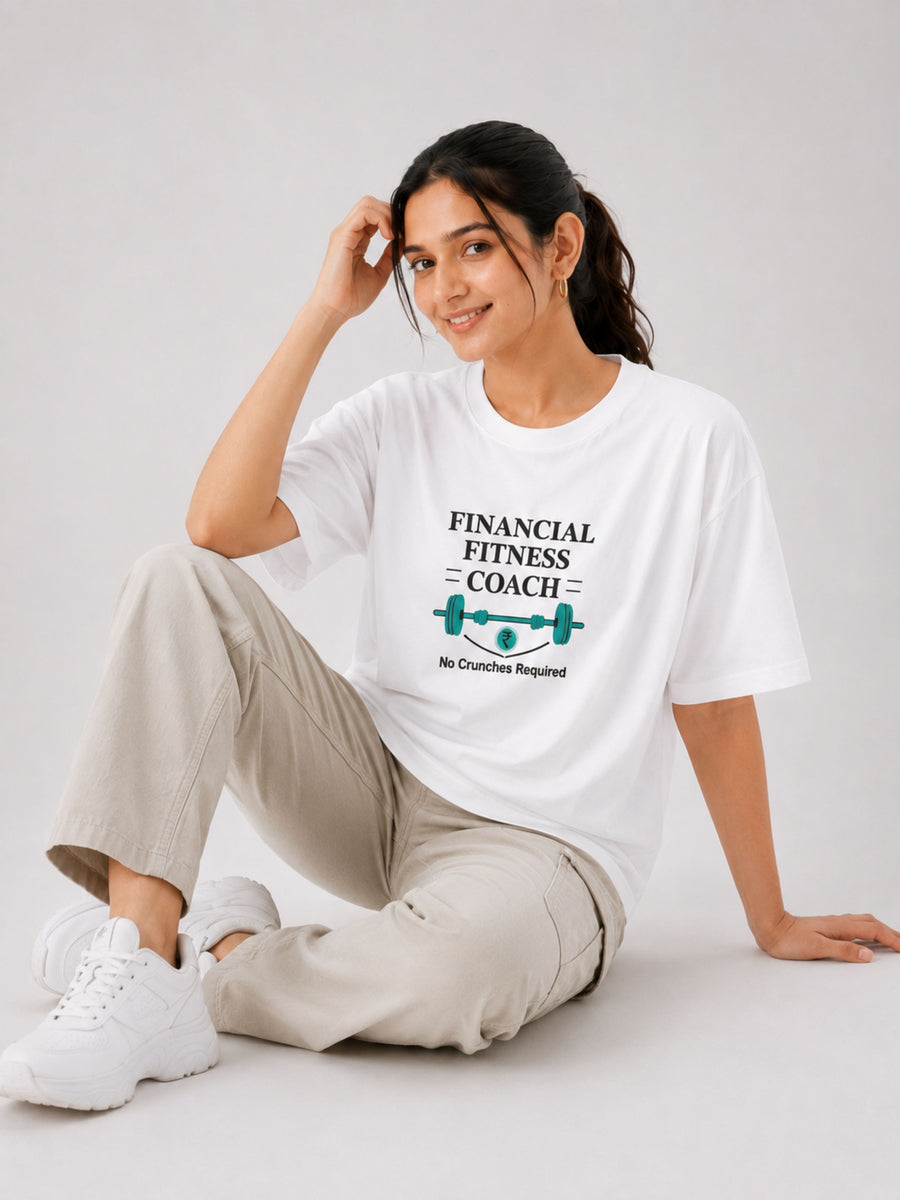 CA T-shirt For Women oversized fit white tshirt with financial fitness coach graphic from Bandar Baant Collections