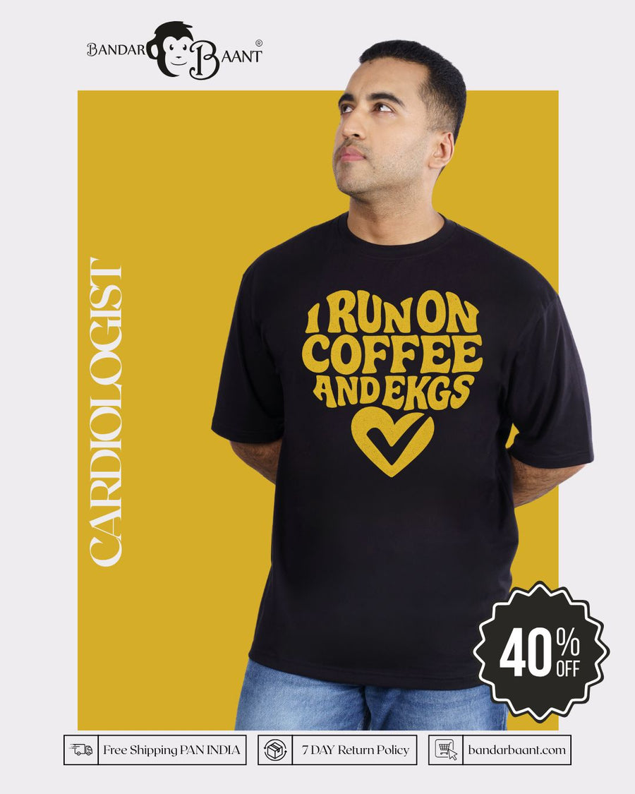 Cardiologist Cool Printed Tshirt For Men oversized fit black tshirt with coffee and EKGs print
