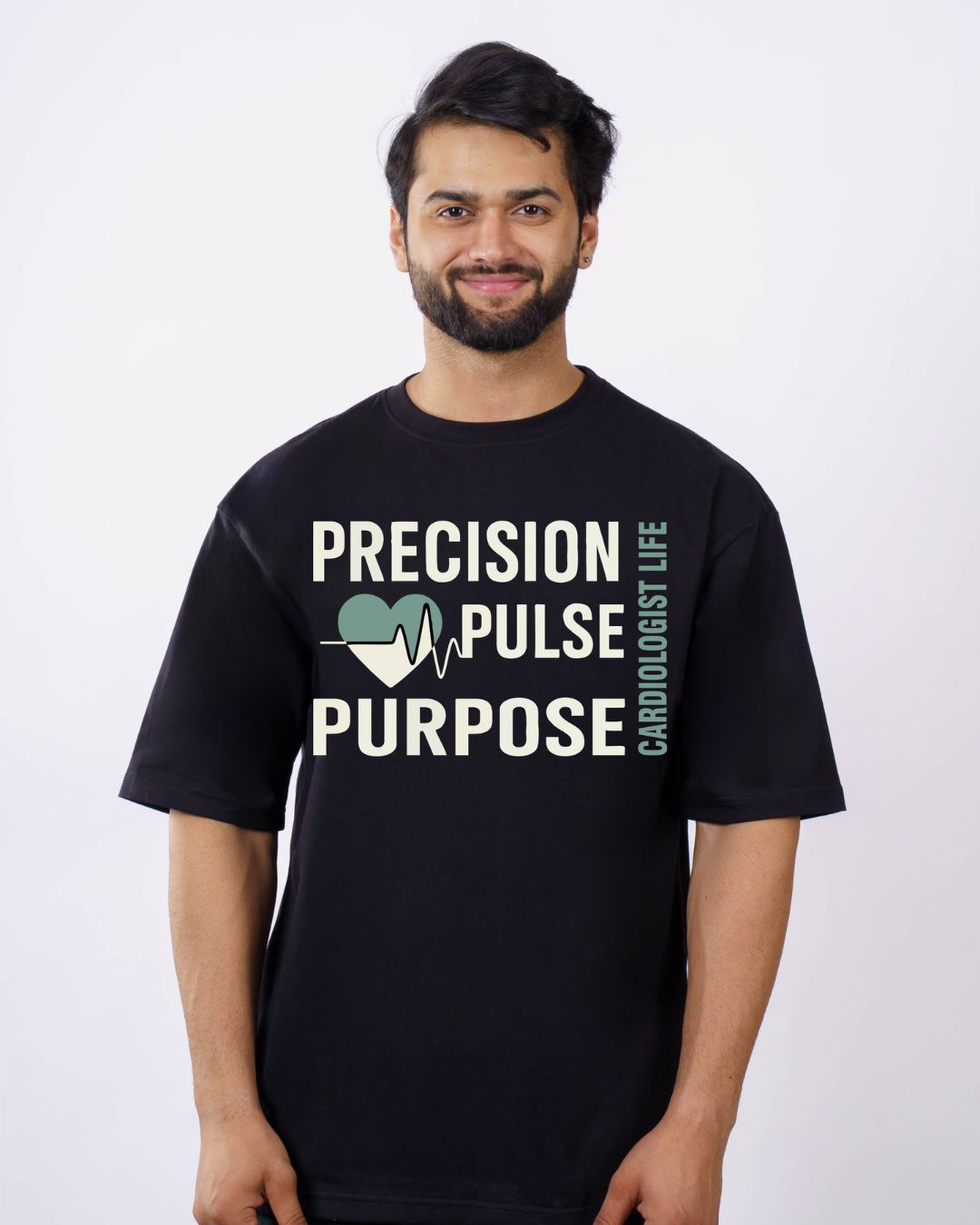 Cardiologist Graphic Tshirt For Men black oversized fit tshirt with precision pulse purpose text