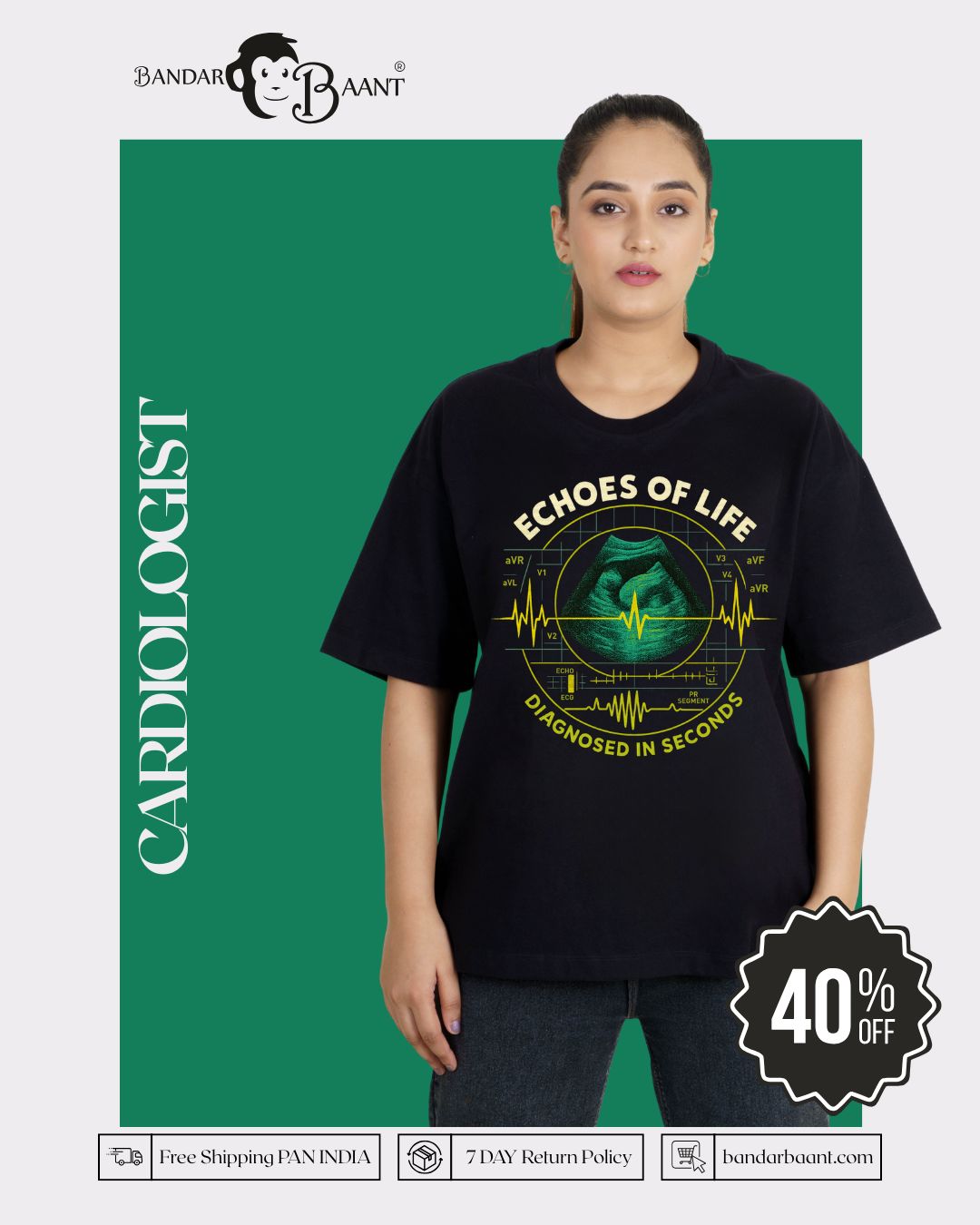 Cardiologist Graphic Tshirt For Women oversized fit black tshirt with heart ultrasound design