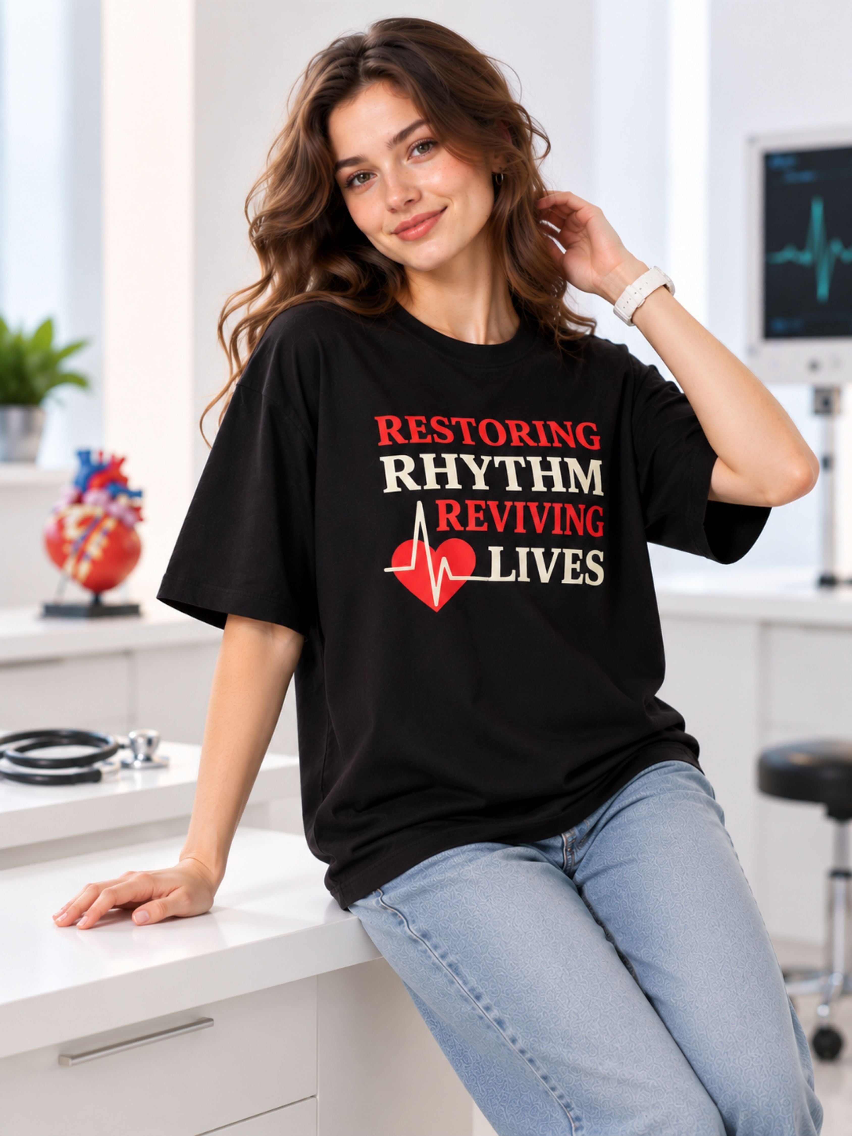 Cardiologist Printed T-shirt For Women oversized fit black t-shirt with medical heartbeat design
