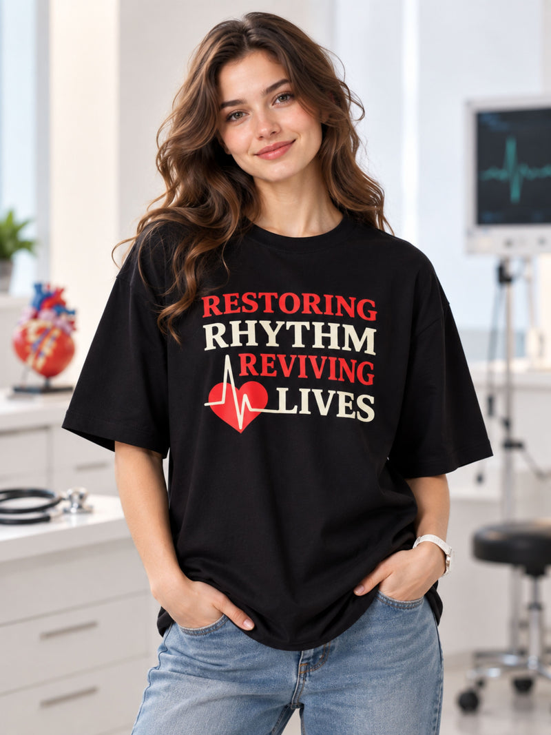 Cardiologist Printed T-shirt For Women oversized fit black tee with rhythm reviving lives graphic