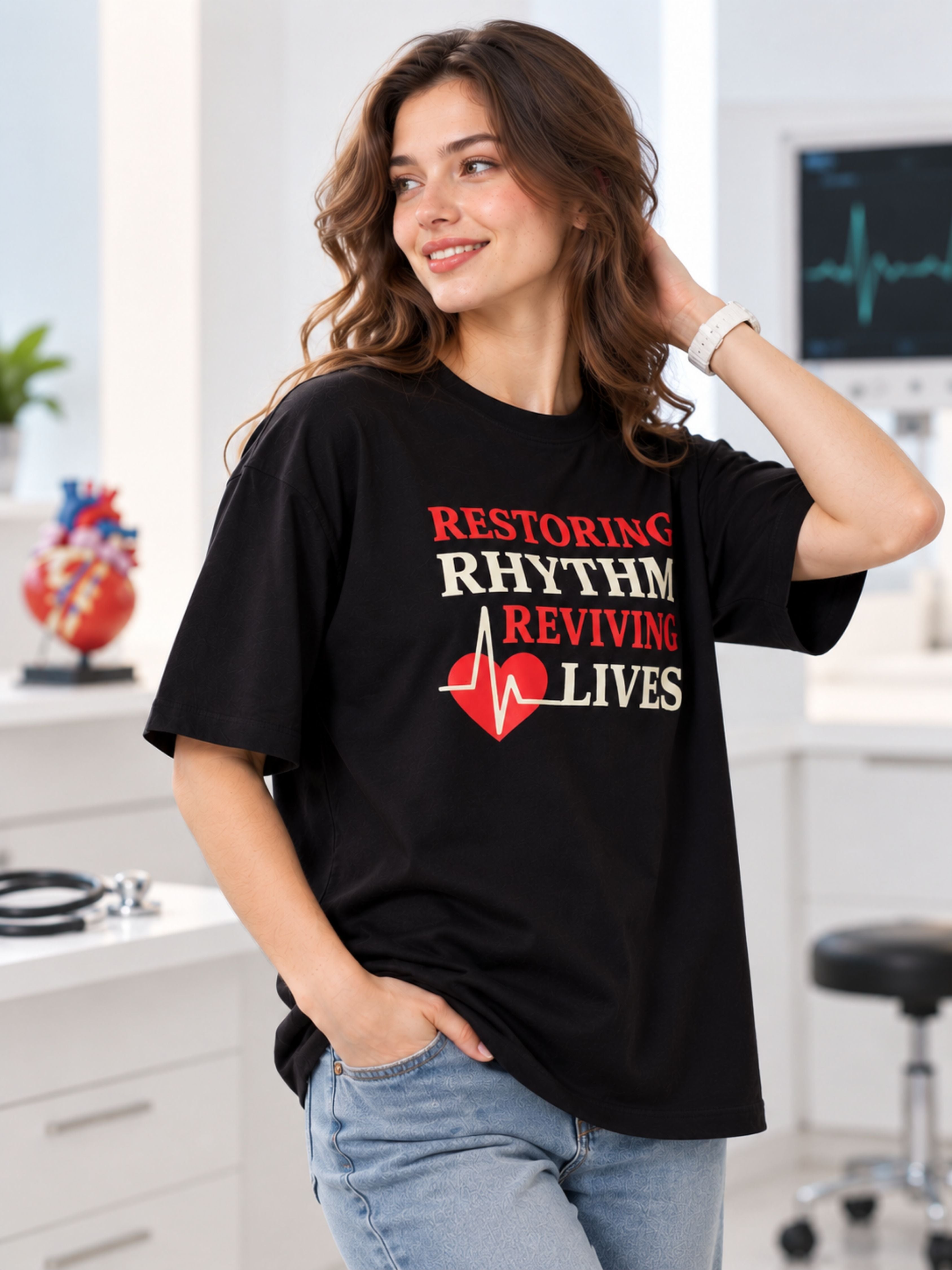 Cardiologist Printed T-shirt For Women oversized fit in black with medical rhythm graphic worn by smiling woman