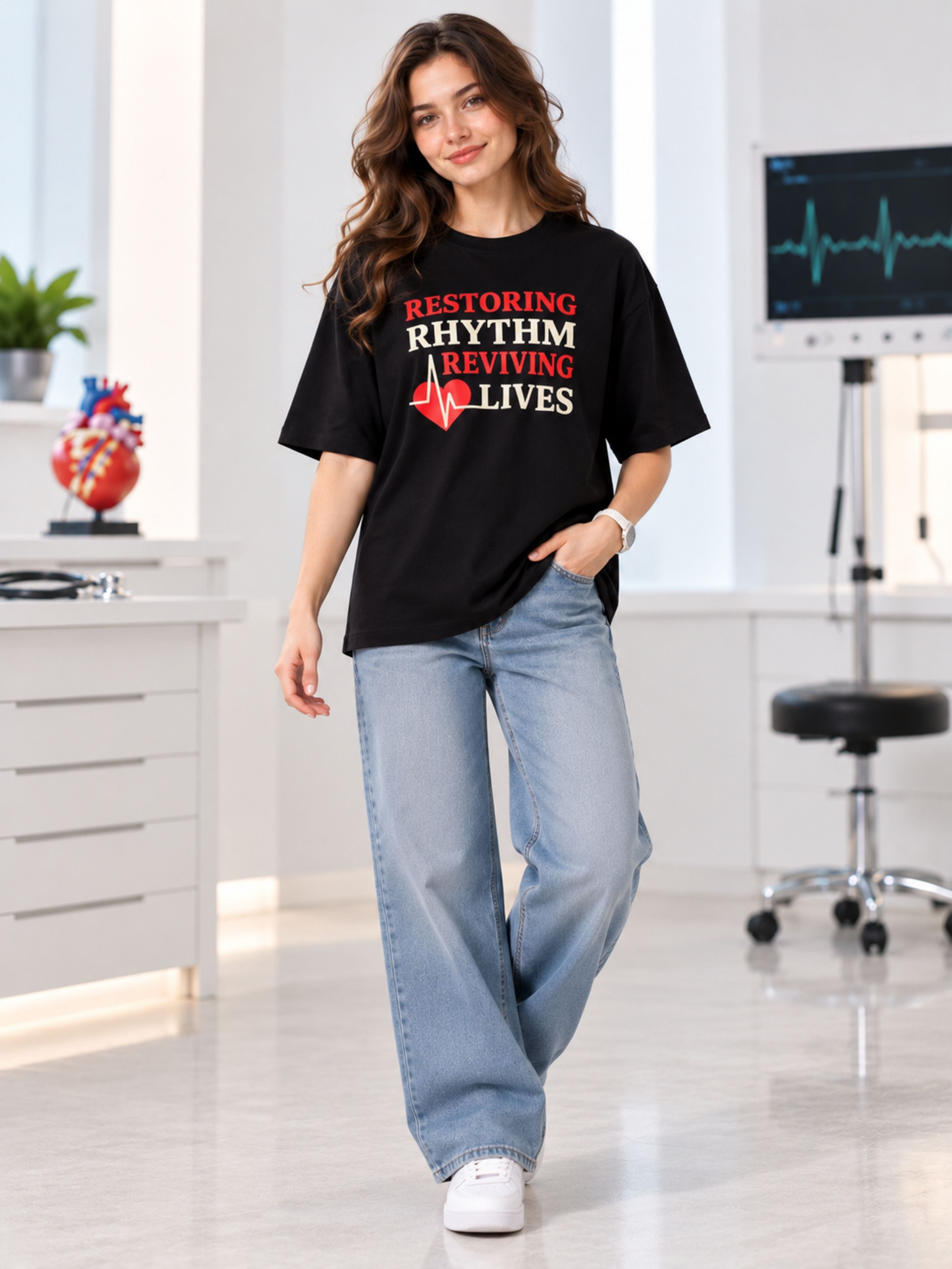 Cardiologist Printed T-shirt For Women oversized fit black tee with restoring rhythm reviving lives design
