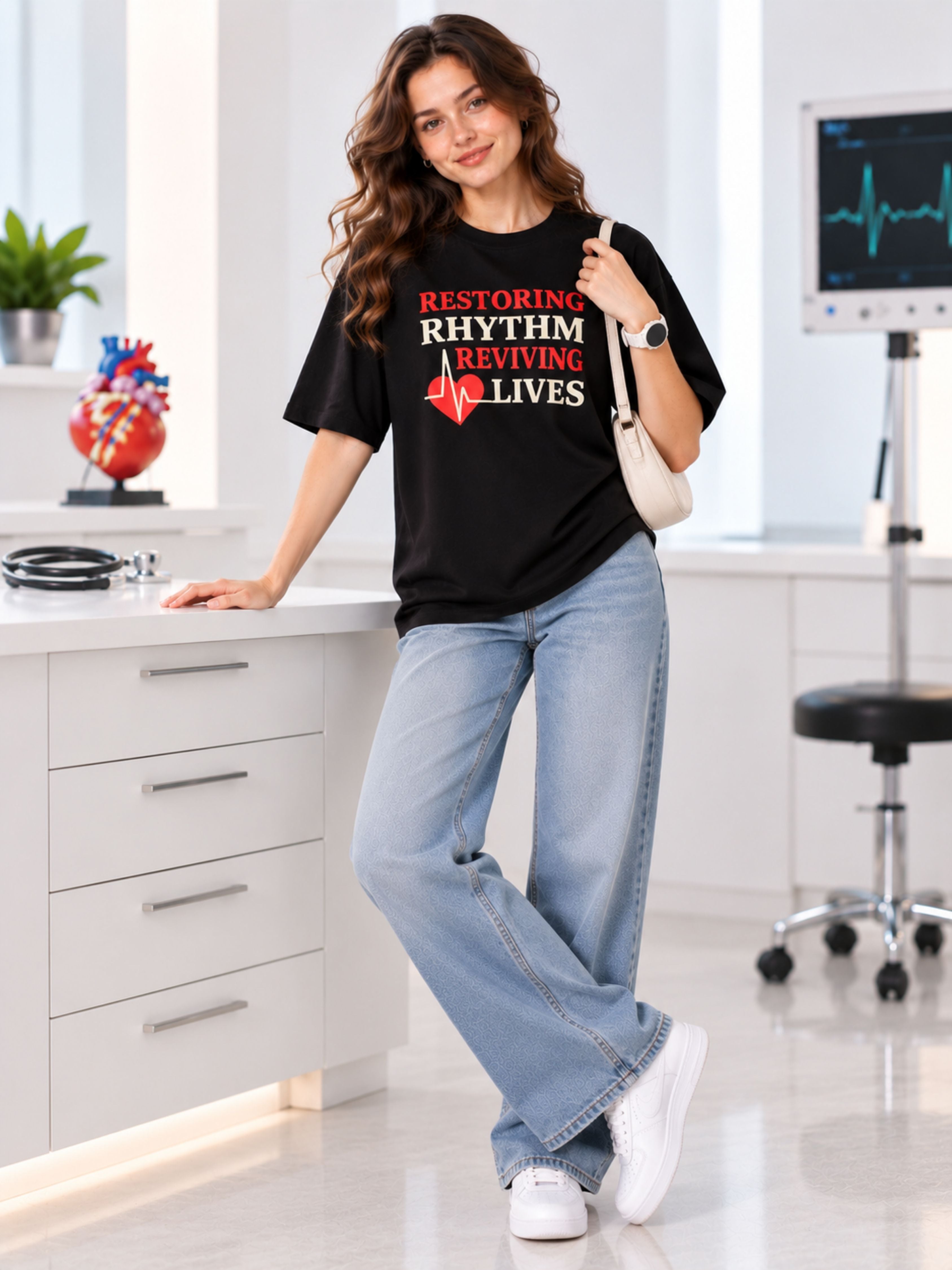 Woman wearing an oversized fit Cardiologist Printed T-shirt For Women black tee with text standing in medical office